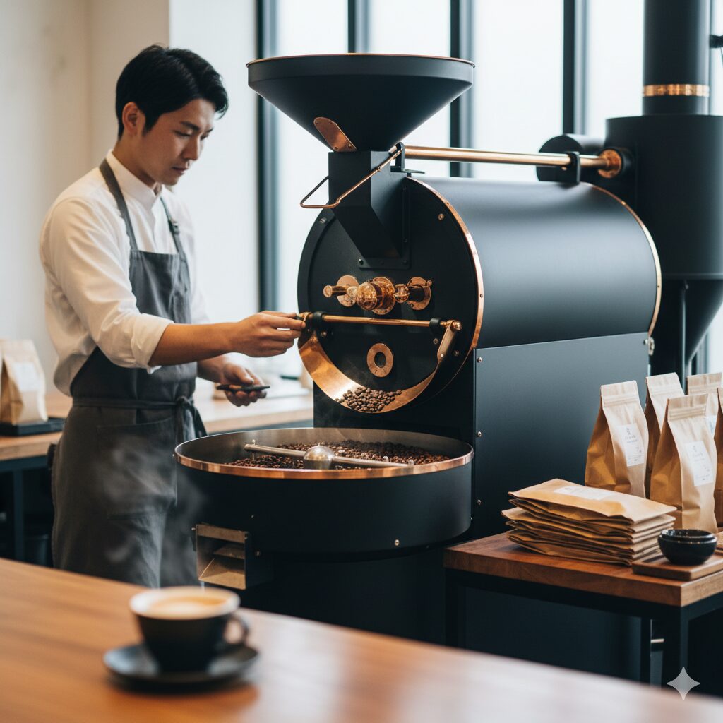 京都の自家焙煎(ロースタリー)コーヒー店で、丁寧に焙煎されるコーヒー豆と抽出器具。