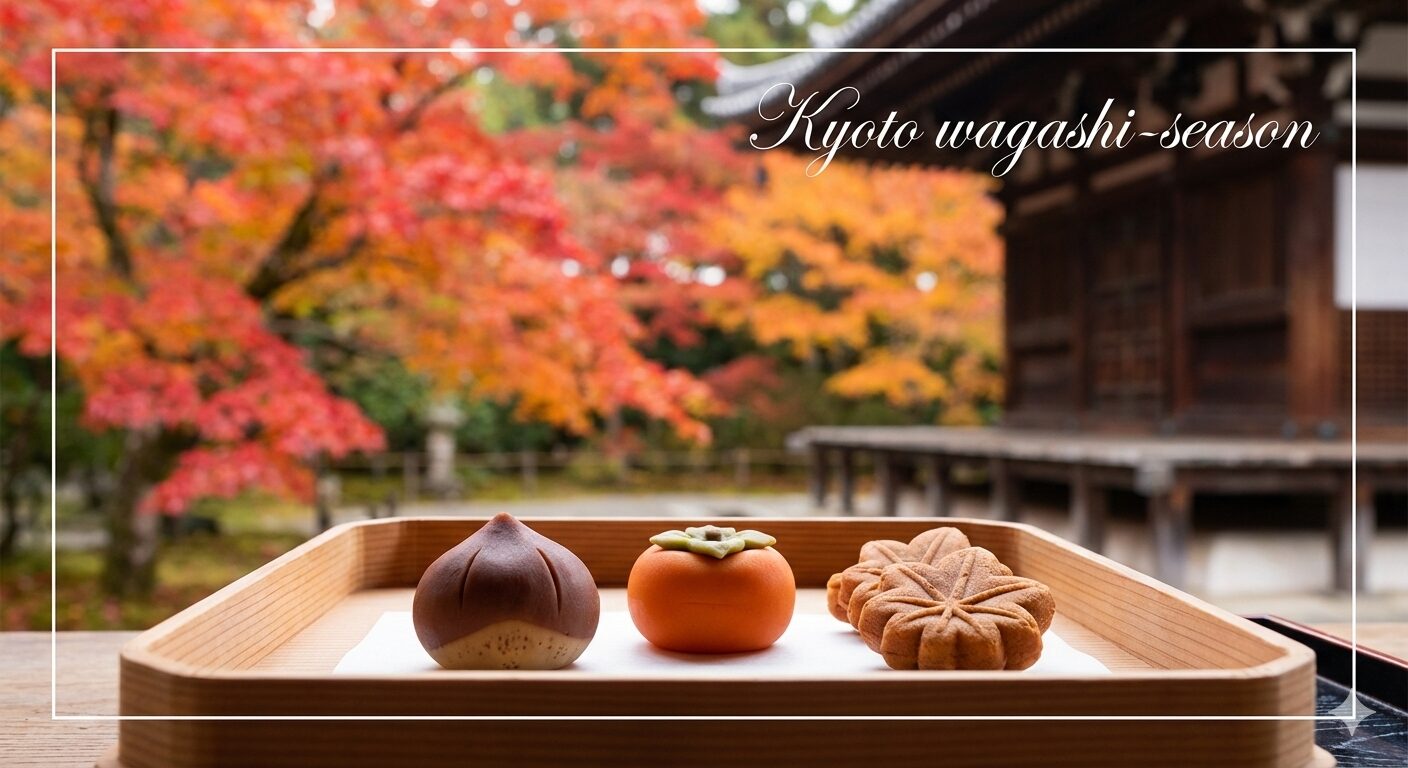 京都の紅葉を背景にした秋の和菓子（栗・柿・紅葉）のイメージ。『Kyoto wagashi-season