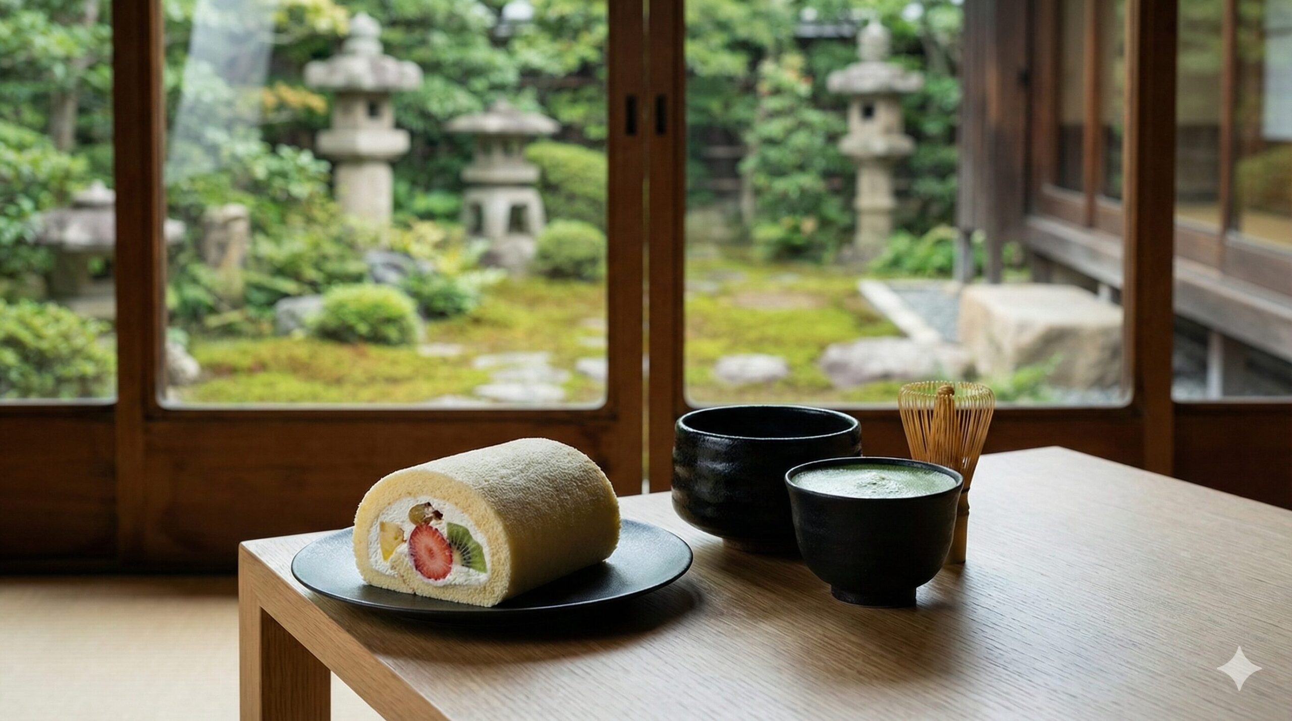 京都の洗練された空間で楽しむ、パティスリー五感のロールケーキと伝統的な抹茶のセット。現代と伝統が調和する五感の体験。