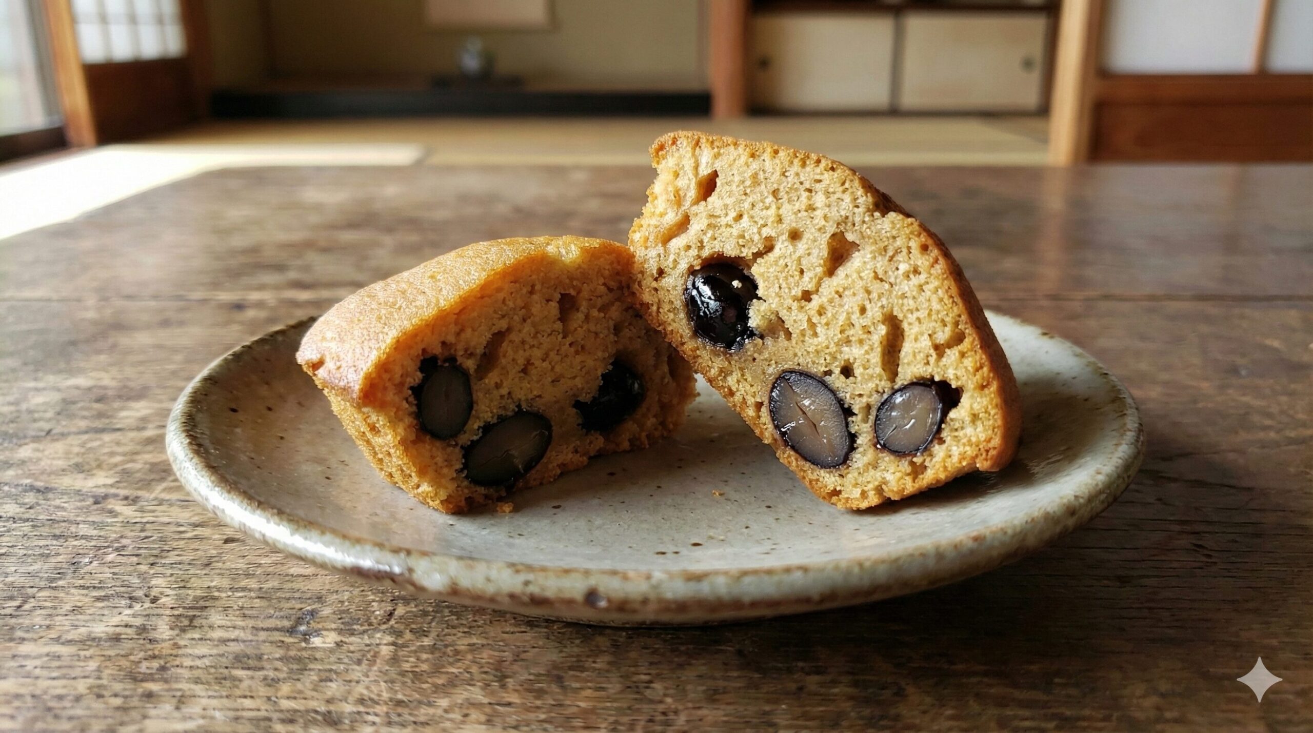 大粒の丹波黒豆が贅沢に入った黒豆マドレーヌ「ええもんちぃ」の断面。しっとりとした生地と素材の良さが伝わるクローズアップ。