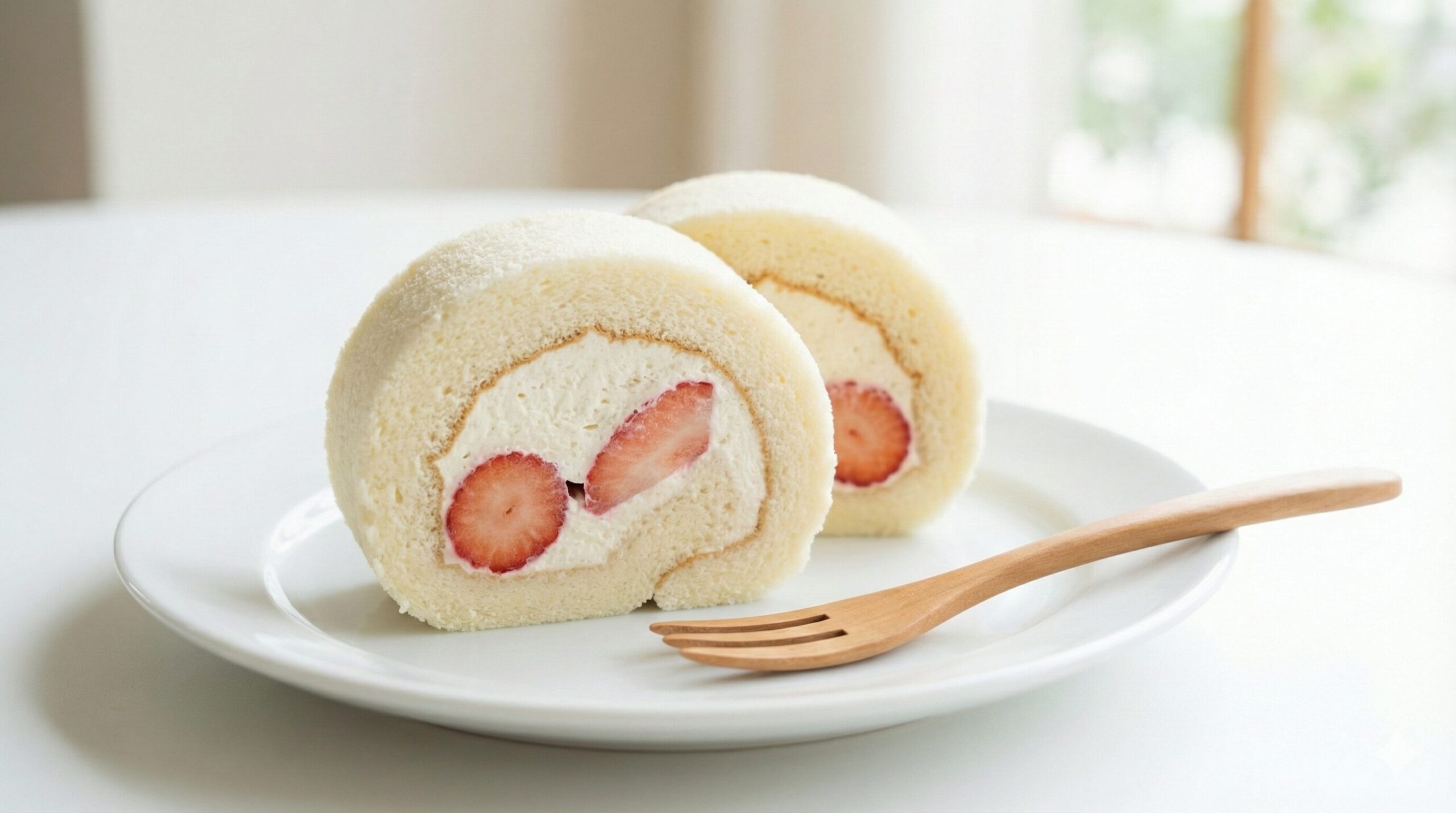 新潟県産コシヒカリの米粉を使用した「お米の純生ルーロ」。季節の苺を巻き込んだ、もっちりとした質感のロールケーキ。