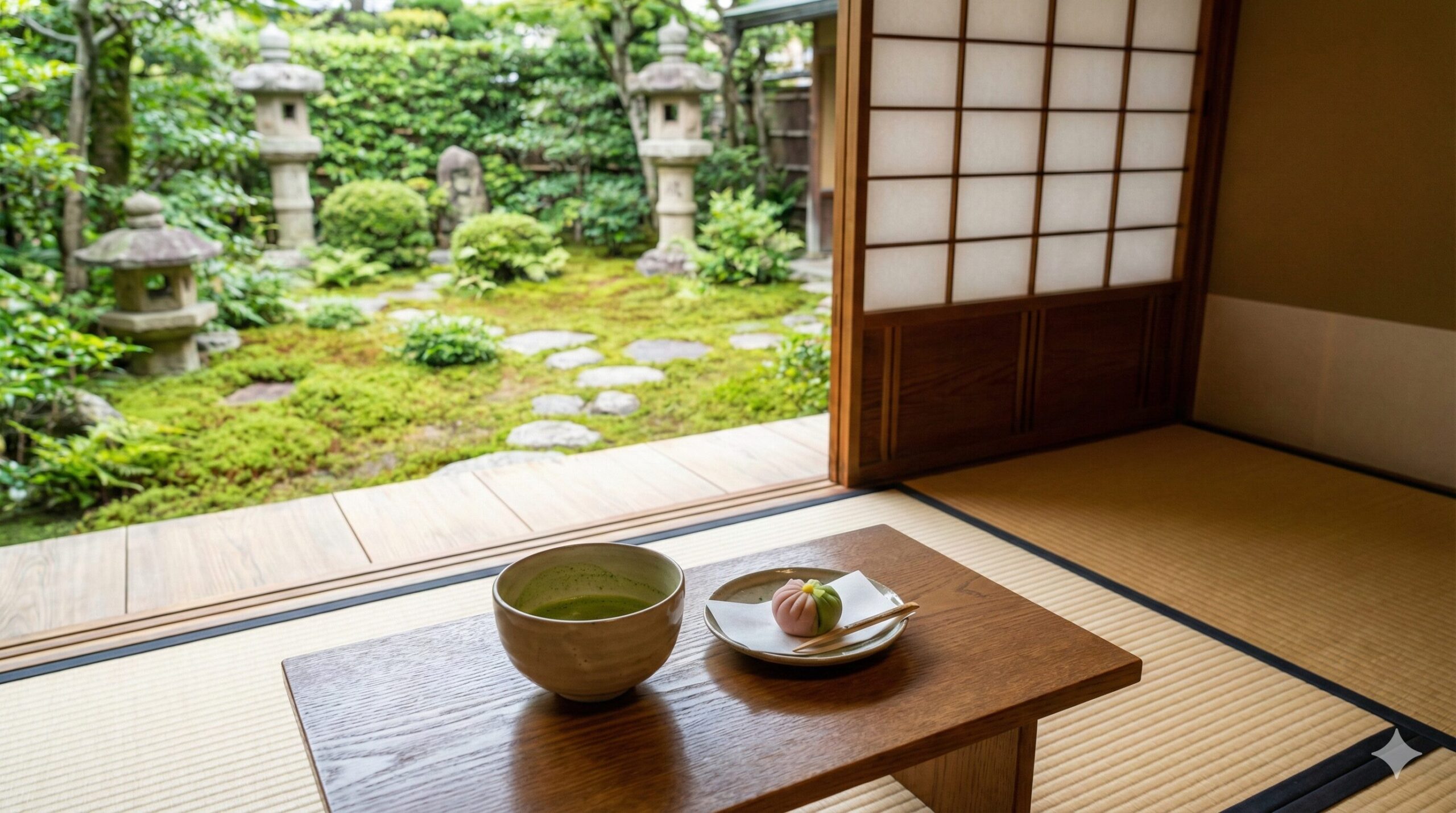 下鴨の老舗茶寮で、美しい日本庭園を眺めながら抹茶と和菓子を味わう静寂のひととき。