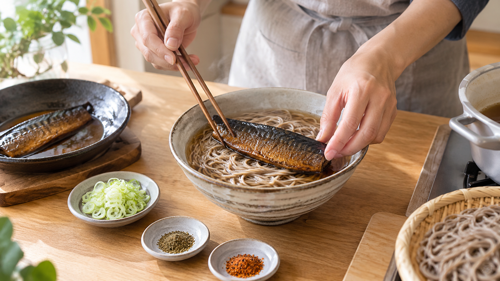 家庭で甘露煮のにしんを温かいそばに盛り付ける様子