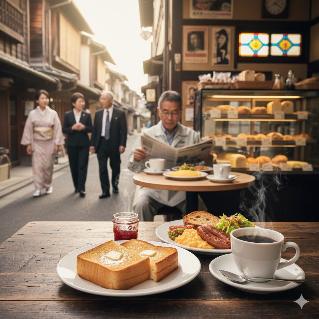 - 京都の伝統的な町家が並ぶ街並みを背景に、厚切りトーストと淹れたてのコーヒーが並ぶ京都らしい朝食の風景。