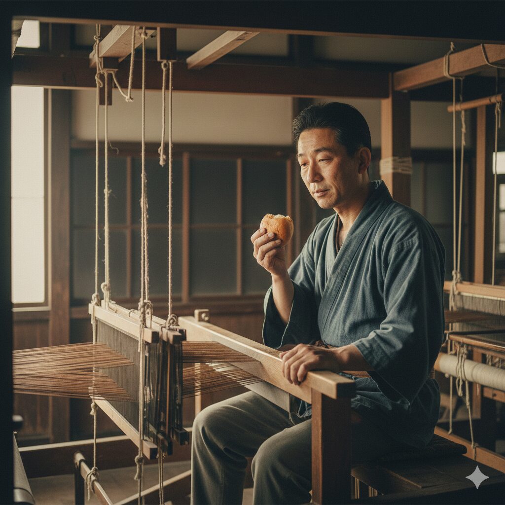 - 西陣織の機織り機の傍らで、仕事の合間に片手でパンを食べる昭和初期の京都の職人の様子。