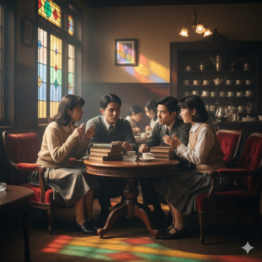 - 昭和レトロな喫茶店で、熱心に議論を交わす当時の日本の大学生たちと使い込まれた本やコーヒー。