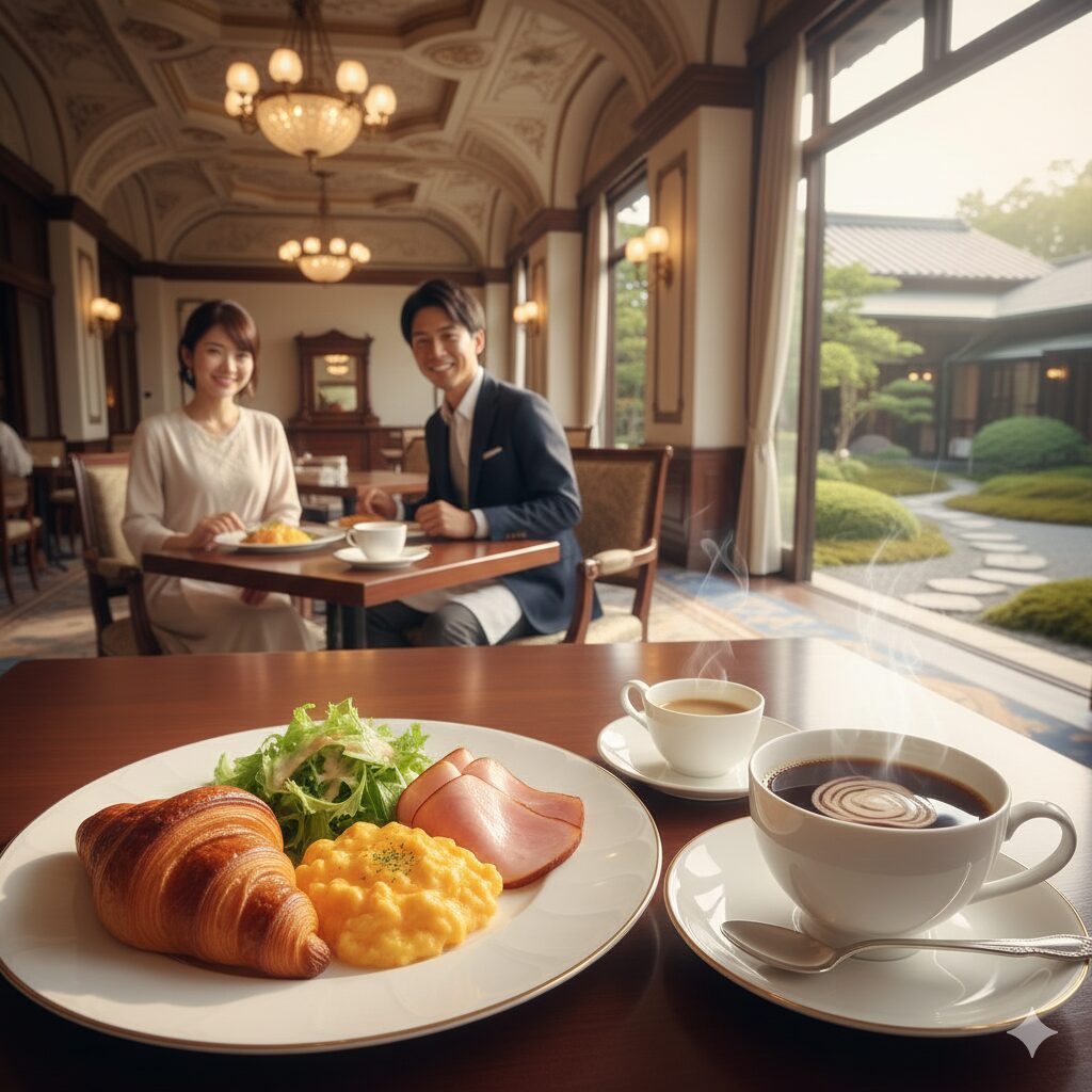 京都の老舗喫茶店をイメージした、クロワッサン、スクランブルエッグ、本格ハムが盛られた優雅なモーニングプレート。