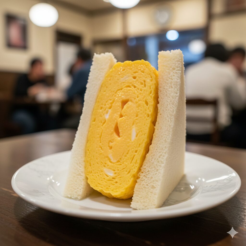 - 出汁の旨味が詰まった分厚い出し巻き卵を挟んだ、京都名物のふわふわ厚焼きタマゴサンドイッチ。