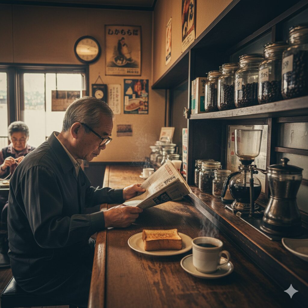 - 地元の常連客が新聞を読みながら静かに朝を過ごす、京都の街角にあるノスタルジックな純喫茶の風景。