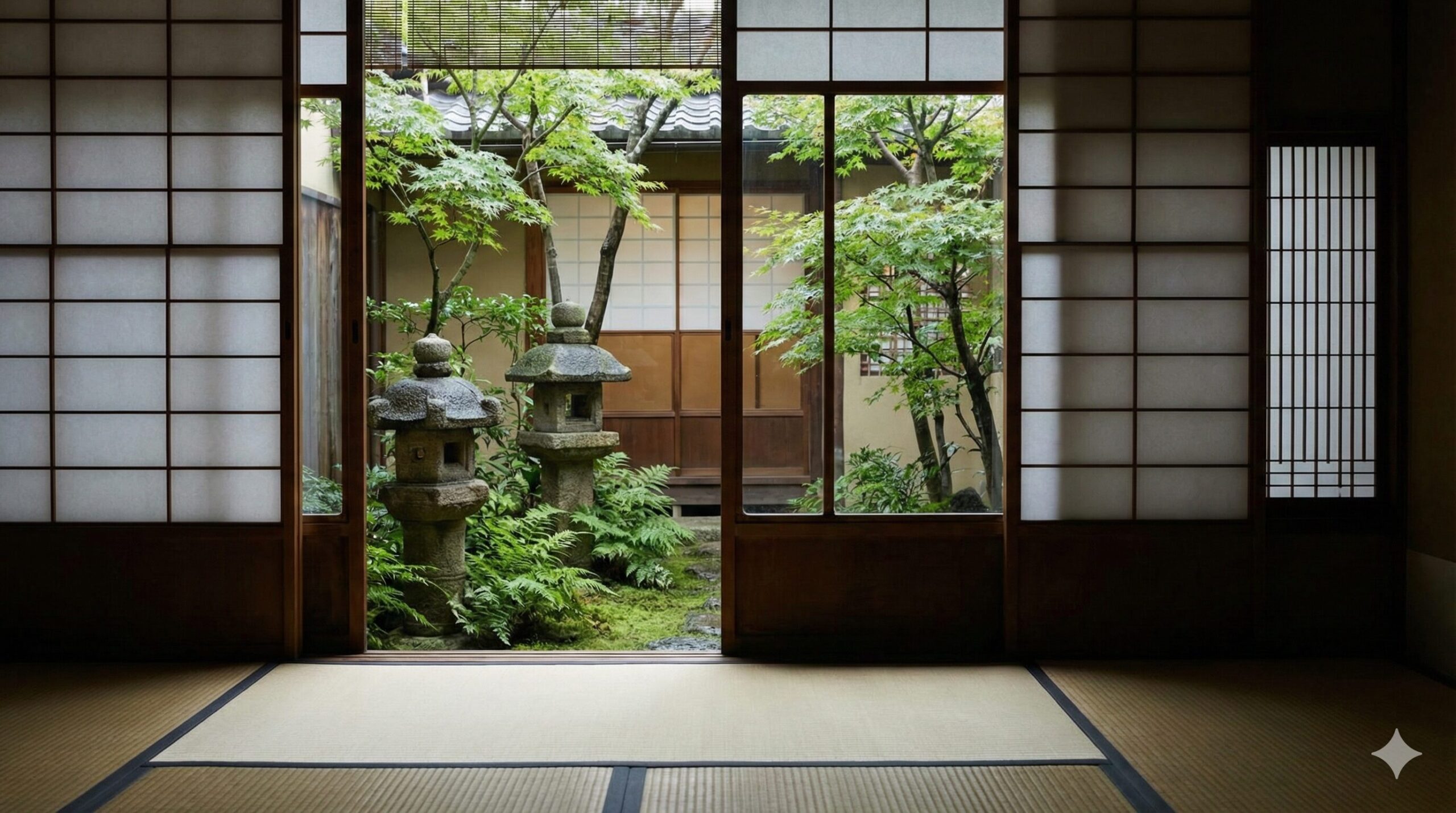 京町家の畳の座敷から眺める美しい坪庭の写真。苔むした地面、石灯籠、青紅葉が配置され、障子越しに柔らかな自然光が差し込んでいる静謐な空間。