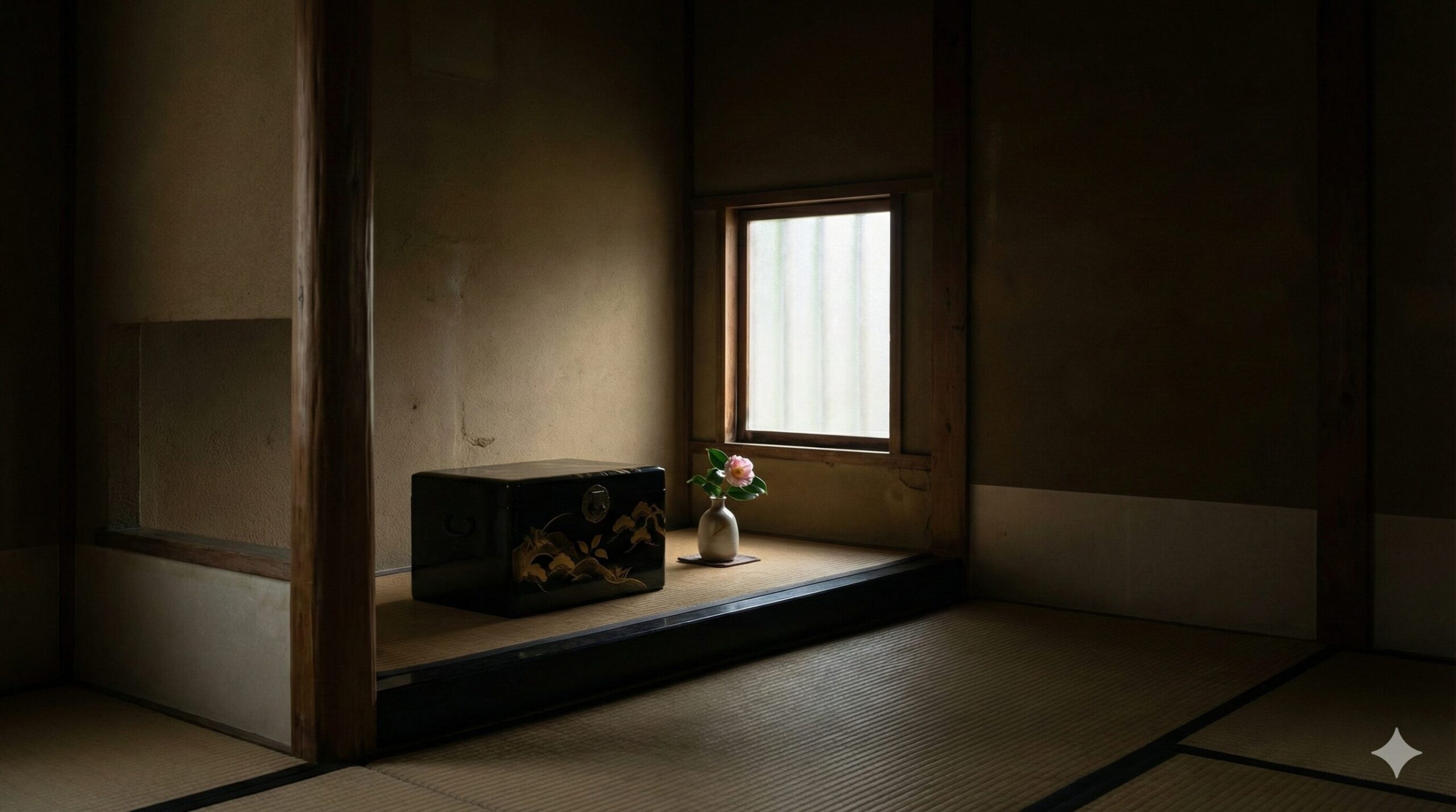 薄暗い京町家の和室にある床の間の写真。わずかな自然光が差し込み、漆塗りの小箱と一輪挿しの花を浮かび上がらせている。陰影が深く、静寂な雰囲気が漂う。