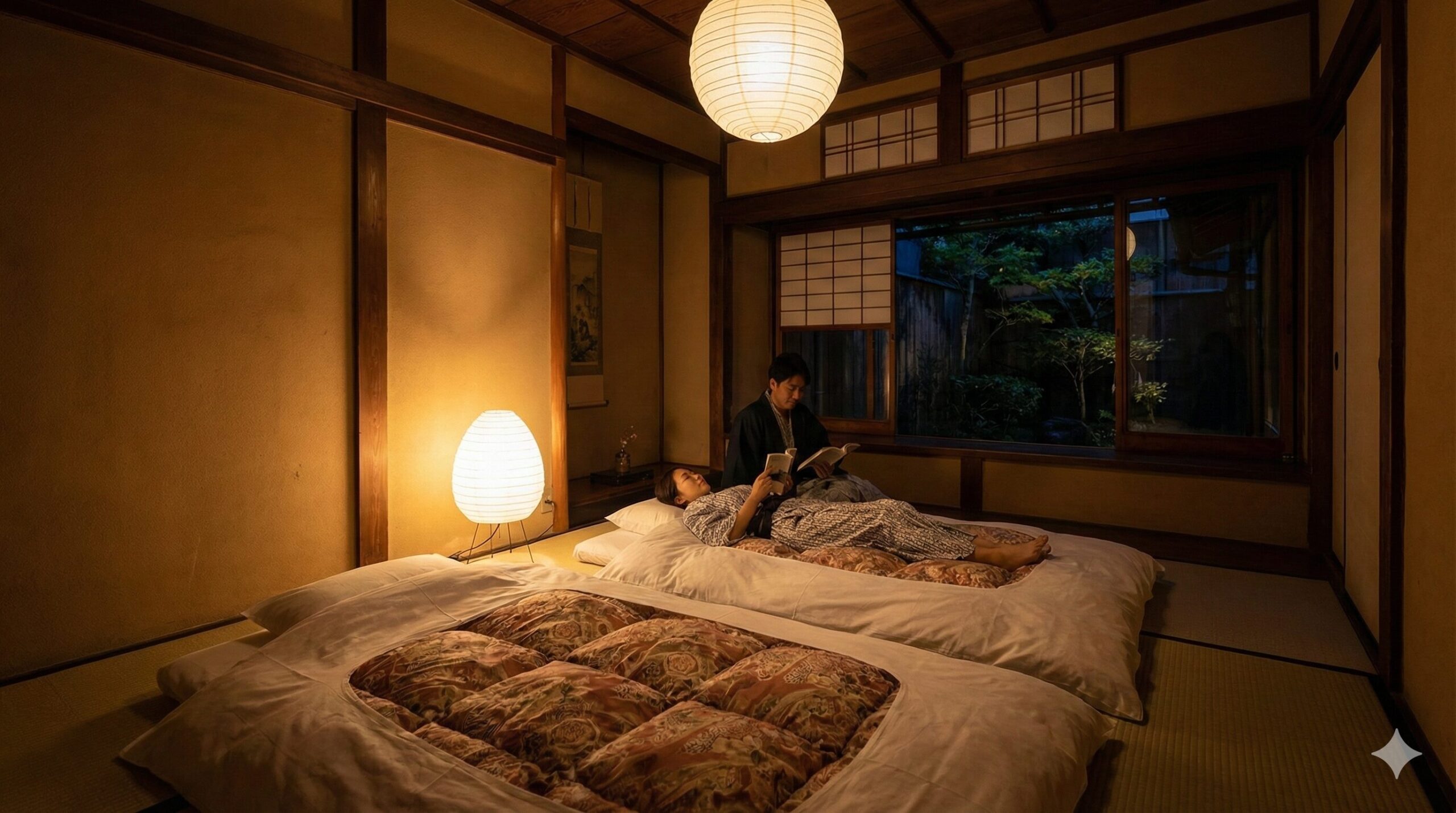 夜の京町家の一棟貸し宿の寝室の写真。畳の上に布団が敷かれ、行灯の温かい光が部屋を照らしている。窓の外は暗く静まり返っており、落ち着いた非日常の空間が広がっている。