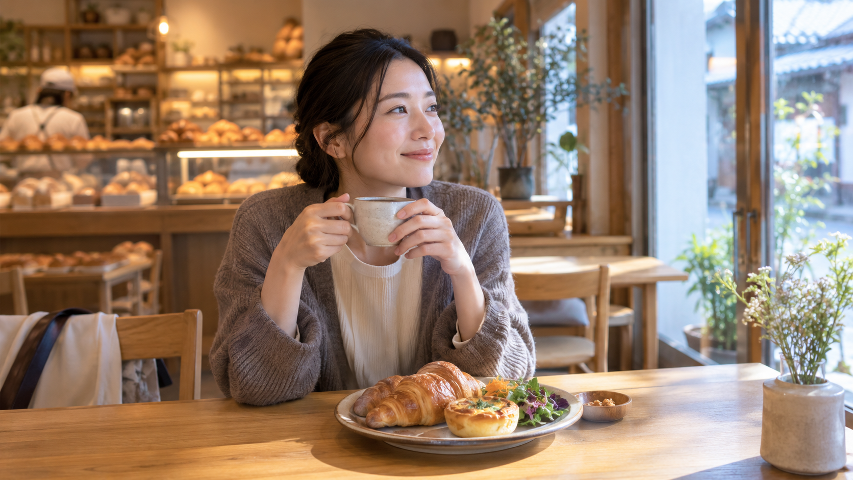 京都のベーカリーでパンとコーヒーの朝食を楽しむ女性