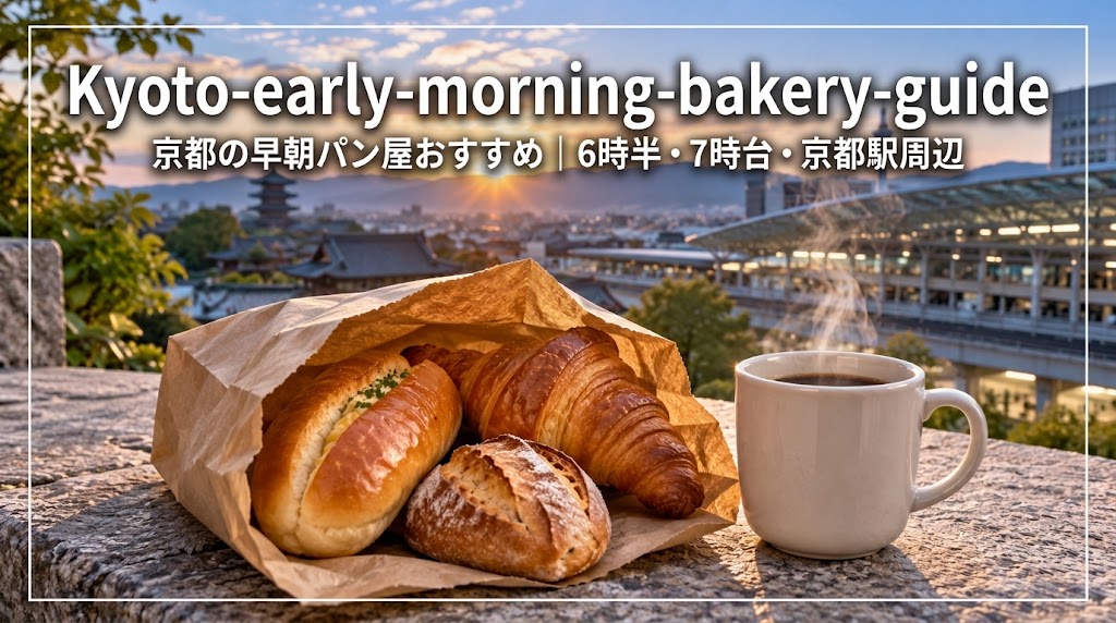 夜明けの京都を背景にした早朝のパンとコーヒー