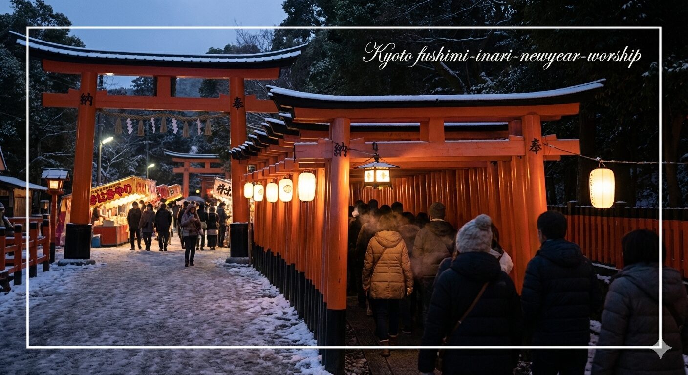 雪景色の伏見稲荷大社・千本鳥居。年末年始の参拝客で賑わう夕暮れの様子。『Kyoto fushimi-inari-newyear-worship』