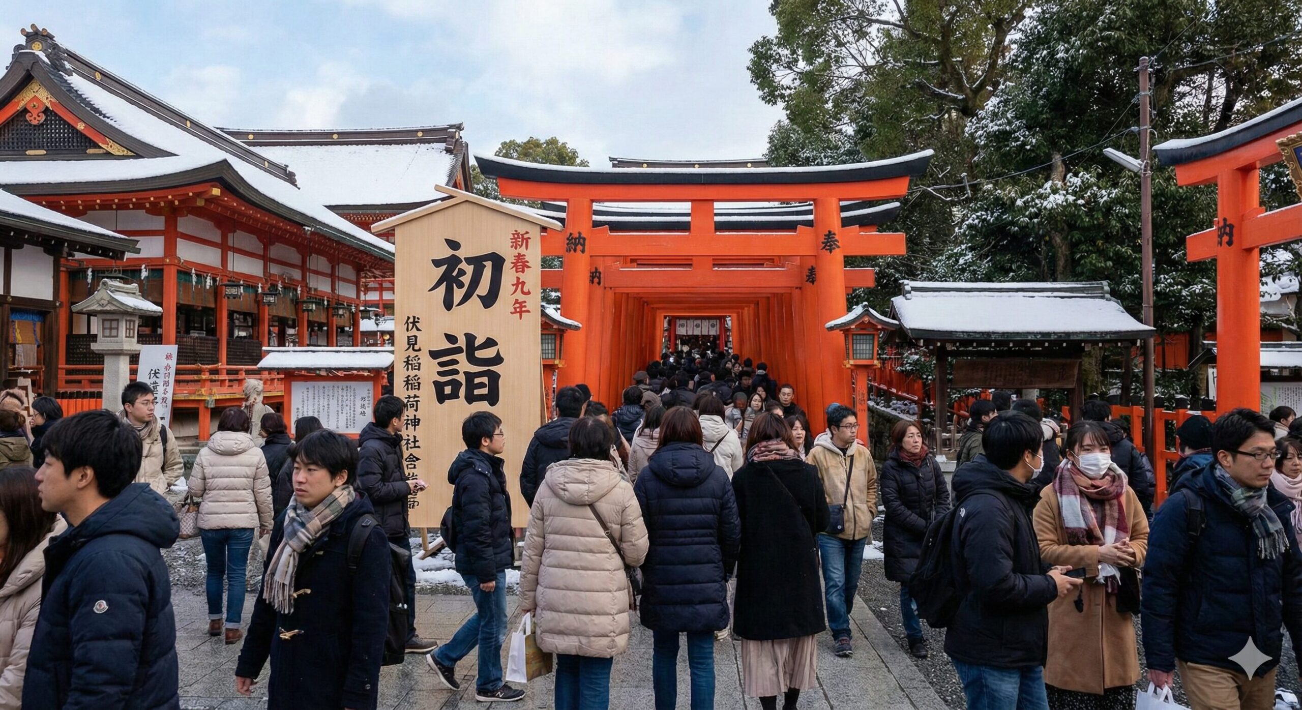 年末年始の京都伏見稲荷大社で、多くの参拝者が千本鳥居に向かって歩いている様子。「初詣」と書かれた看板があり、雪が少し積もった境内の賑わいを捉えた写真。