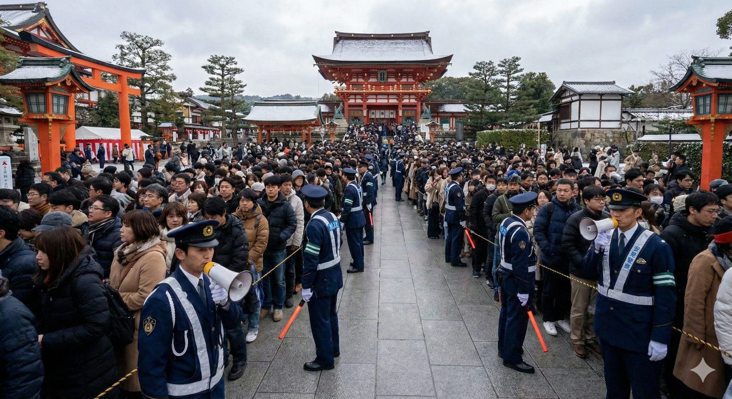 正月の伏見稲荷大社で、本殿参拝のために並ぶ大勢の参拝者の列と、誘導を行う警察官の様子を捉えた写真。ピーク時の混雑状況が伝わる。