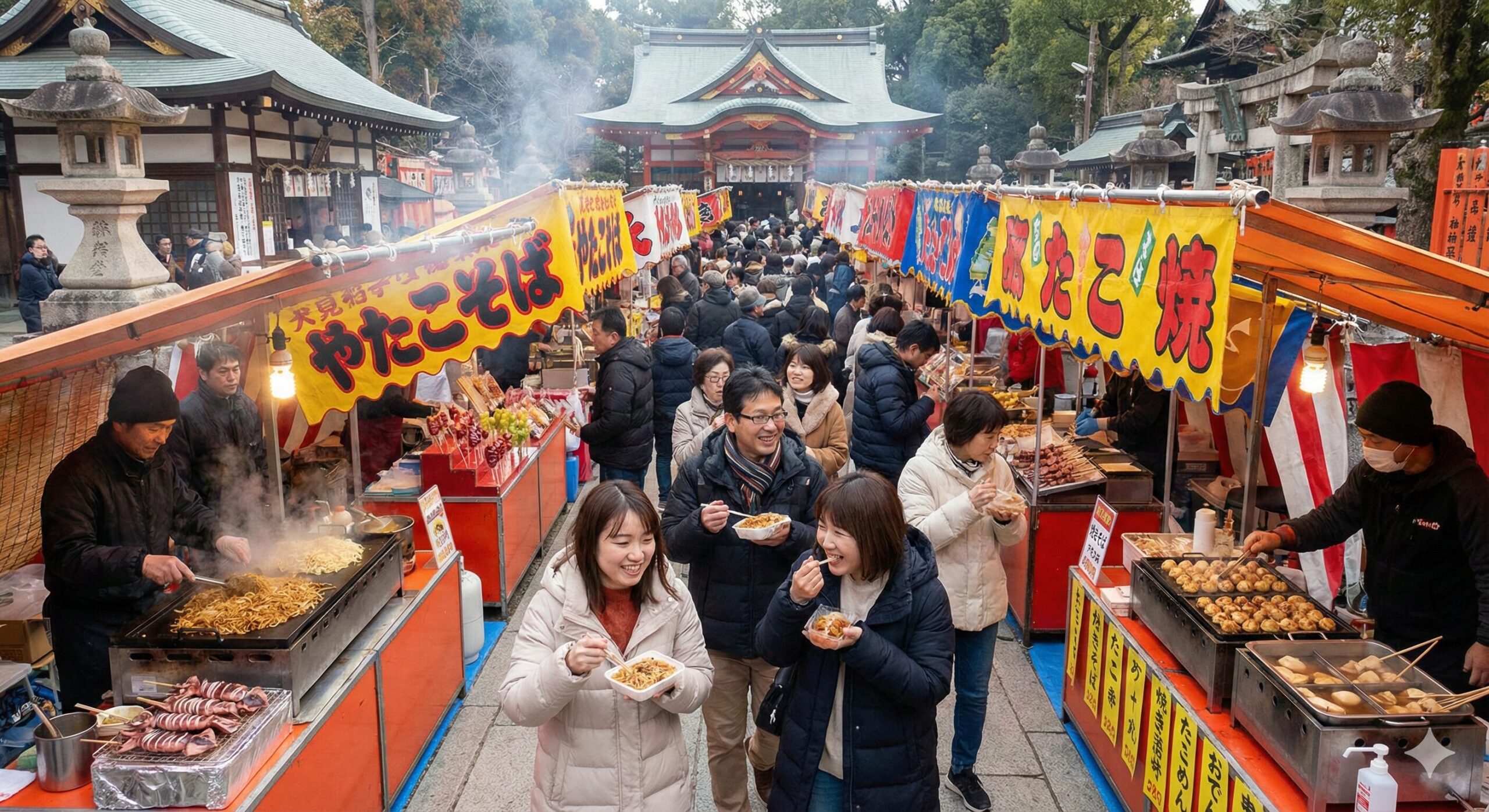 伏見稲荷大社の参道に並ぶ多くの屋台と、そこで焼きそばやたこ焼きなどの食べ物を楽しむ参拝者たちの活気ある様子を捉えた写真。正月の賑わいが感じられる