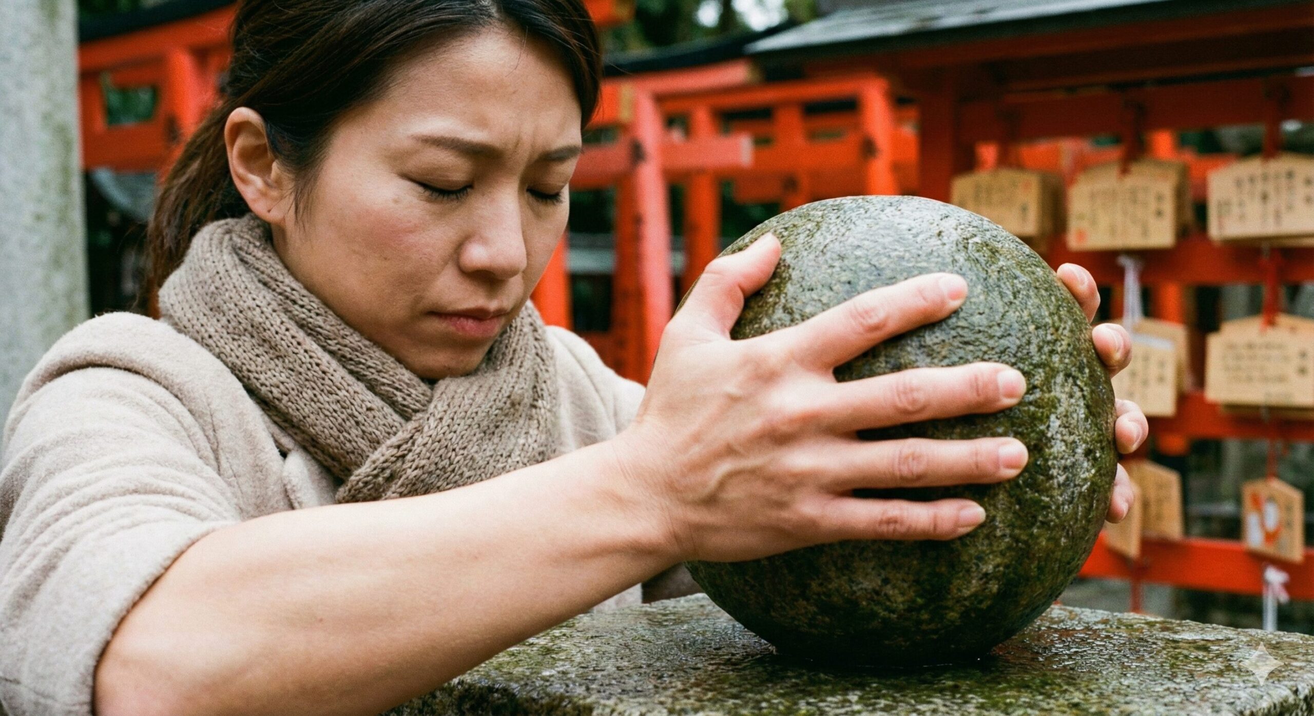 伏見稲荷大社の奥社奉拝所で、一人の日本人女性が真剣な表情で「おもかる石」を持ち上げ、その重さを確かめている様子のクローズアップ写真。