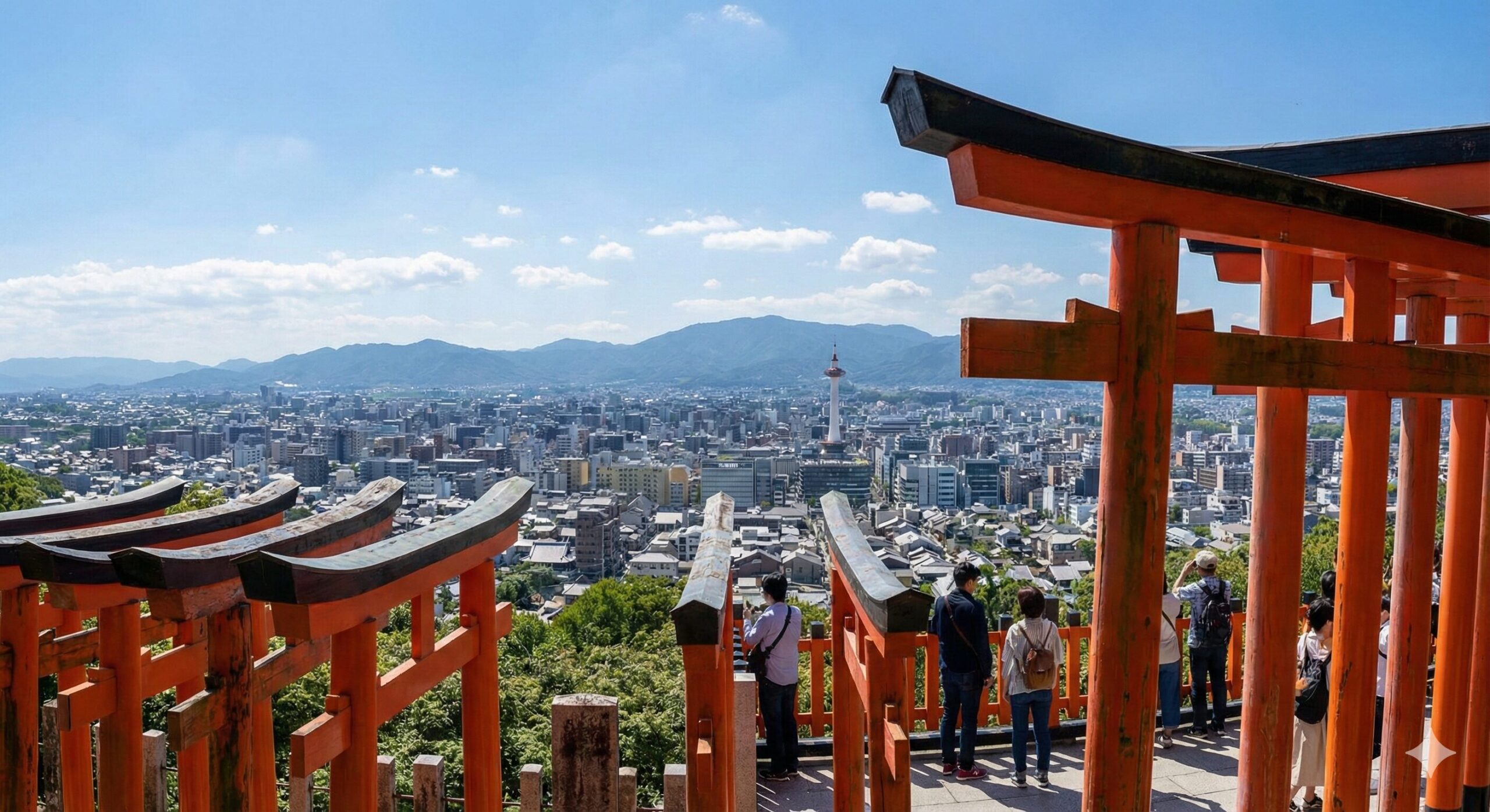 伏見稲荷大社の四ツ辻から見渡す京都市内のパノラマ絶景写真。晴れた日の昼間、朱色の鳥居越しに広がる街並みと遠くの山々が一望できる。