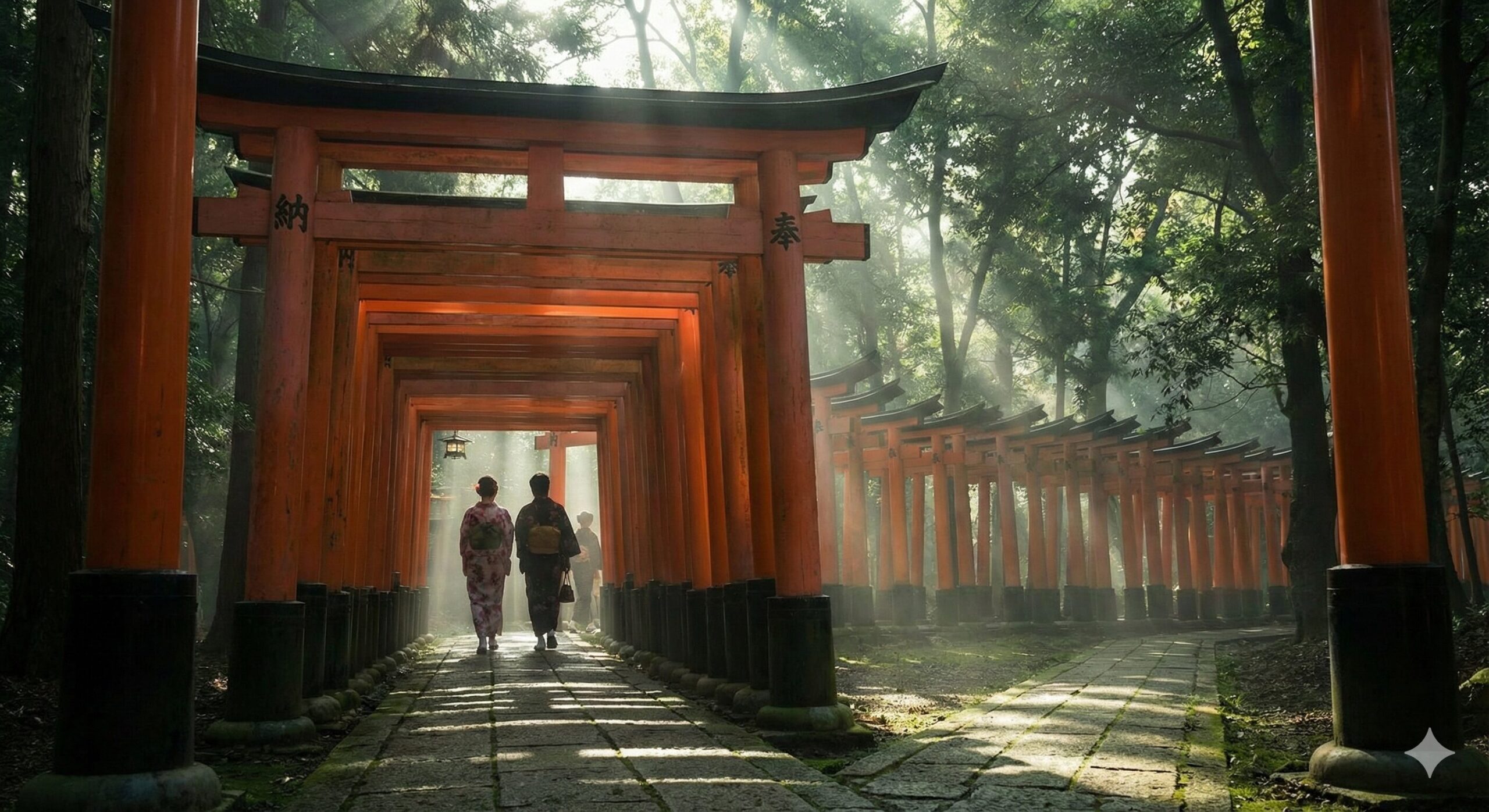 伏見稲荷大社の千本鳥居を通り抜ける参拝者。朱色の鳥居が連なる幻想的な回廊。