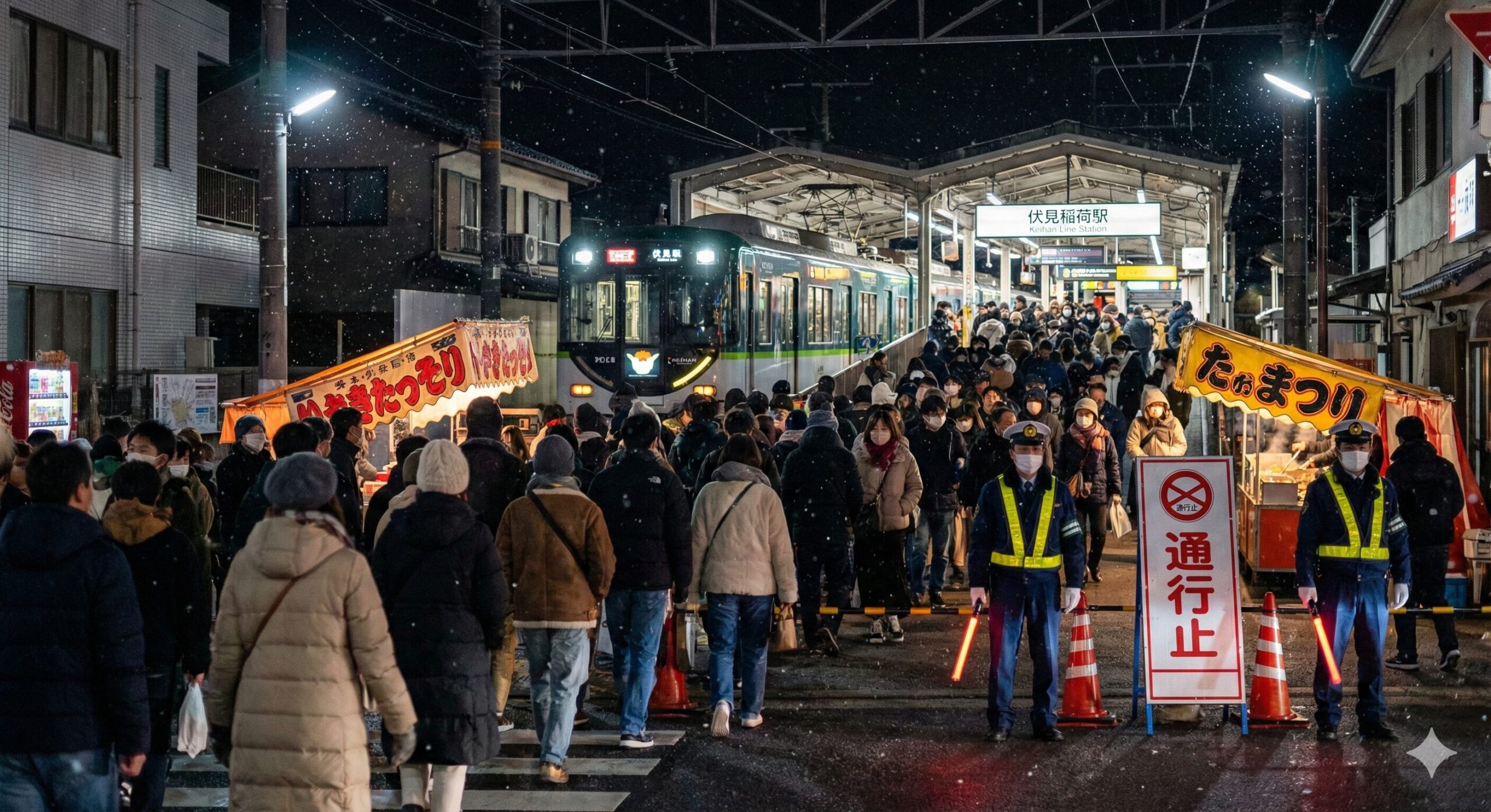 大晦日の夜、伏見稲荷駅周辺を歩く参拝客。交通規制の中、電車を利用して向かう人々の様子