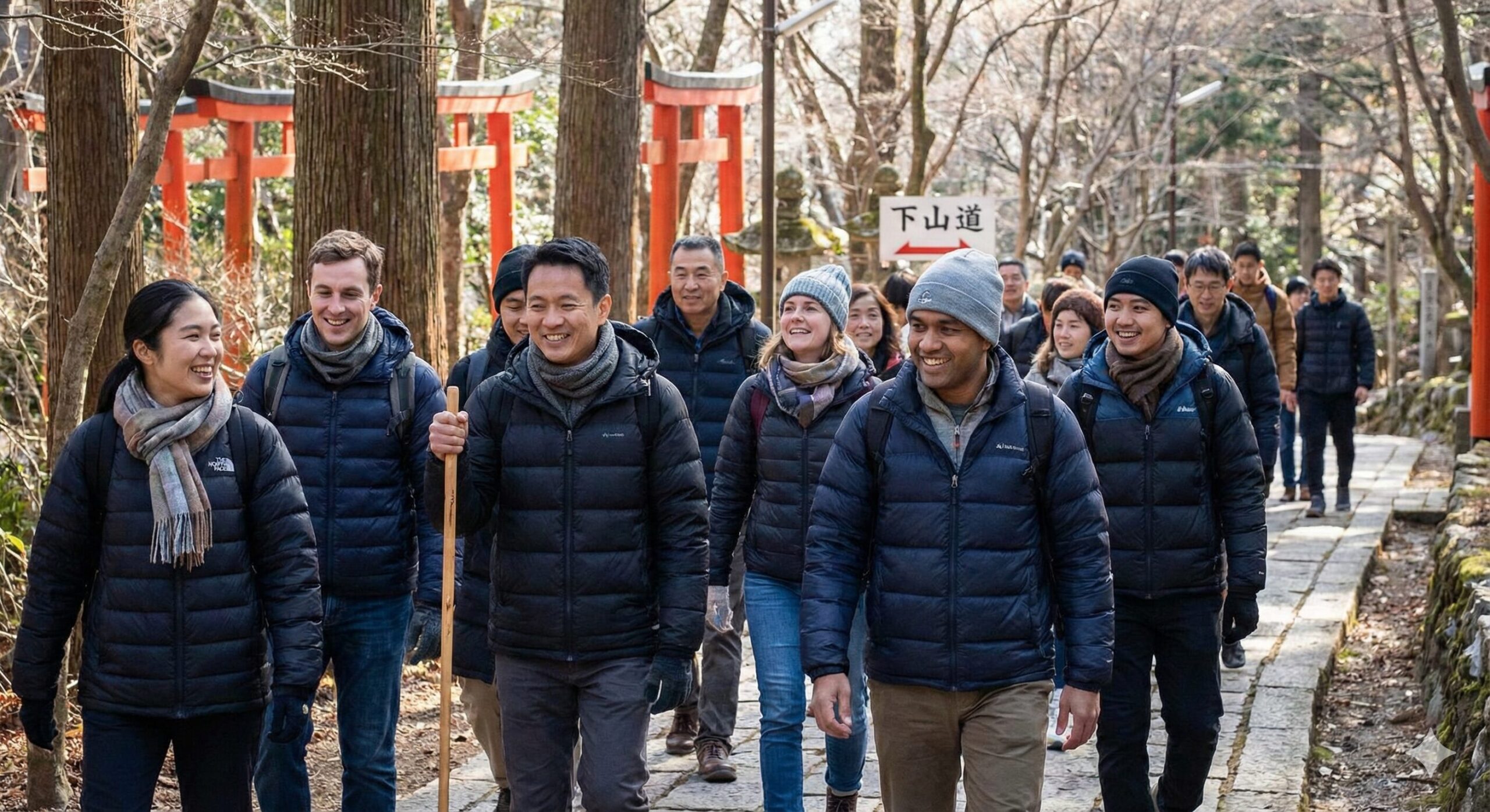 お山巡りを終え、晴れやかな表情で参道を下る冬服の参拝客。五感で信仰を体感した満足感溢れる様子。