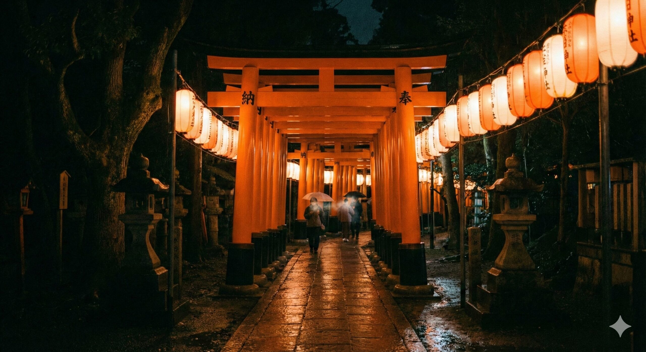 夜の伏見稲荷大社で、提灯の明かりに照らされた千本鳥居の幻想的な様子を捉えた写真。静寂の中を数人の参拝者が歩いており、神秘的な雰囲気が漂う