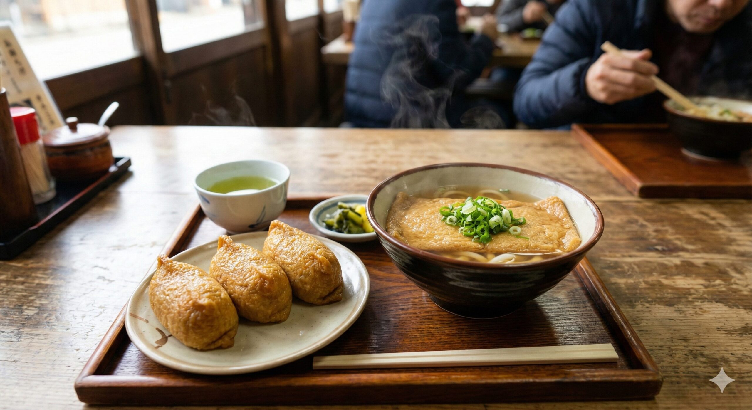 伏見稲荷大社近くの食堂で提供されている、狐の耳の形をした美味しそうな稲荷寿司と、温かいキツネうどんのセットを写した写真。