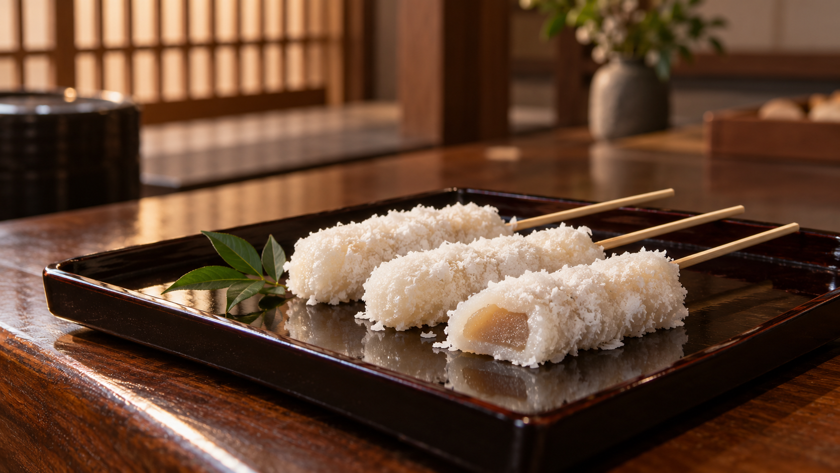 白味噌を求肥で包み氷餅をまぶした京都の祇園ちご餅