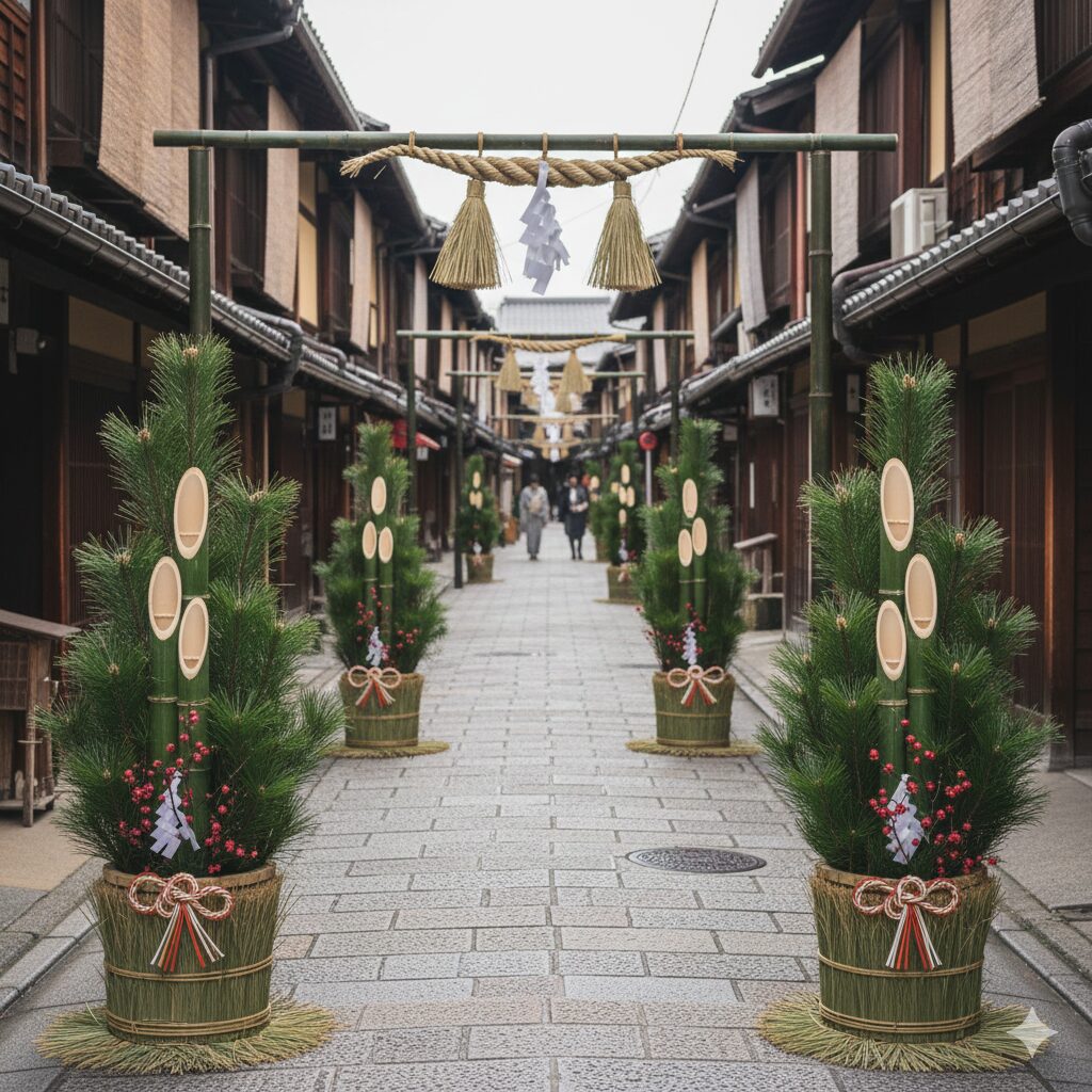 京都の伝統的な町家が並ぶ通りに飾られた立派な門松と注連縄、1月15日まで続く松の内の風情
