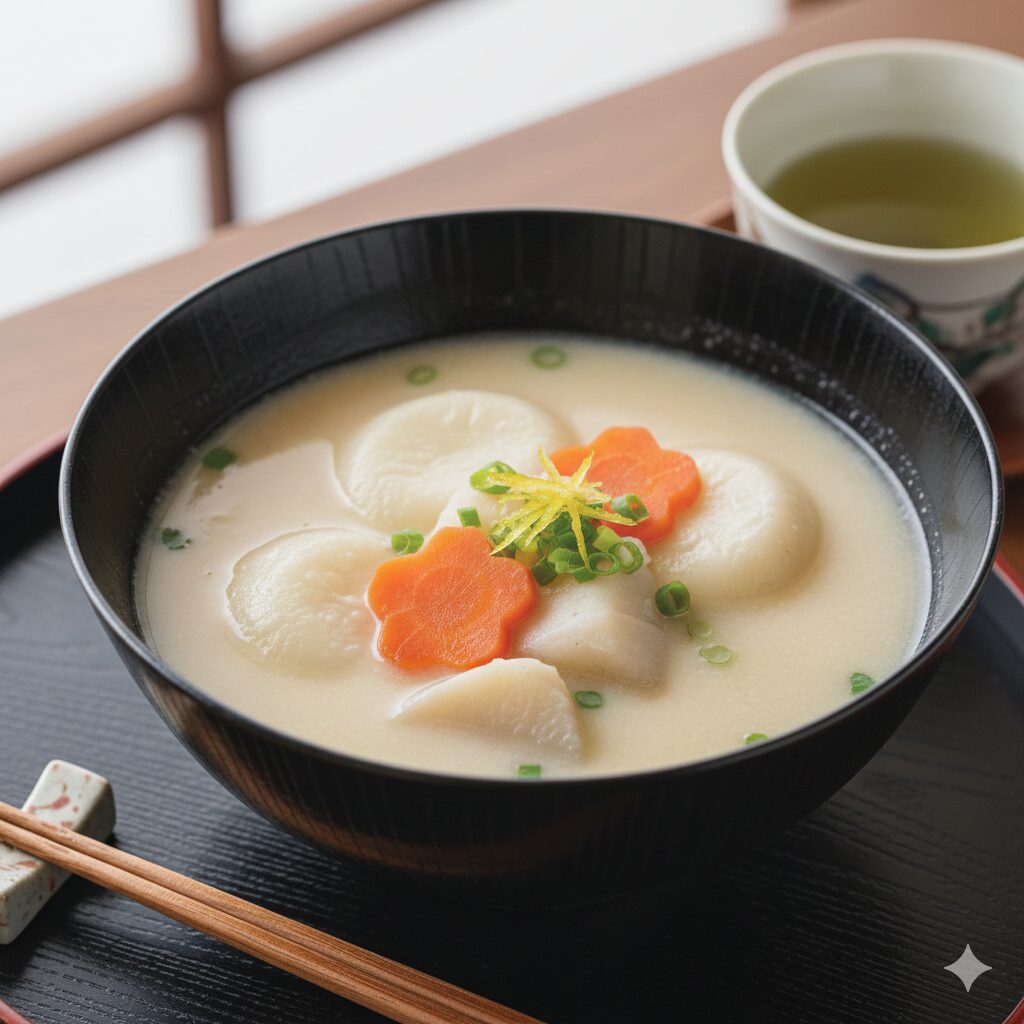 京都のお正月料理、白味噌仕立ての雑煮。丸餅と金時人参、頭芋が入った縁起の良い一椀