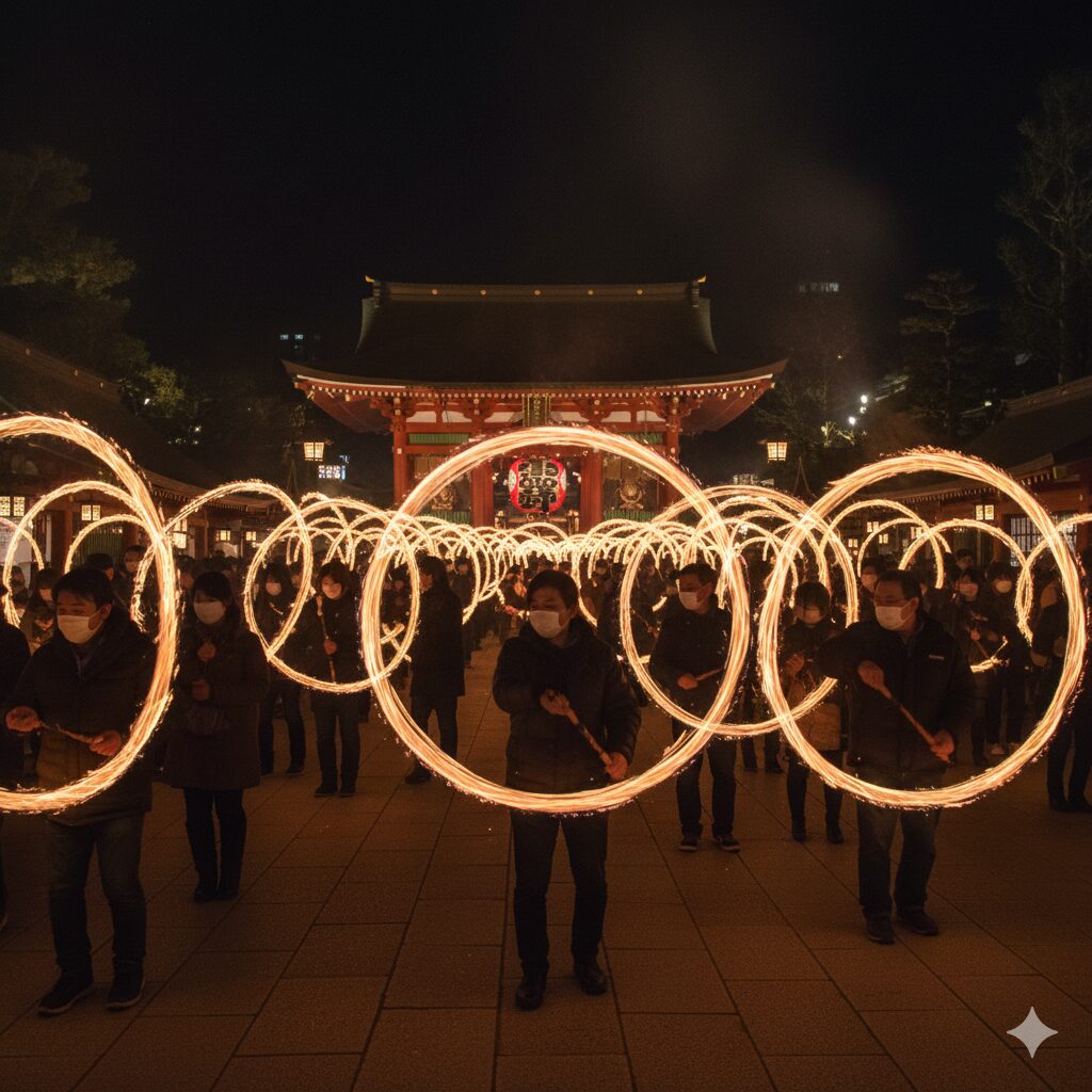 大晦日の夜、八坂神社で行われる「をけら詣り」。火縄についた御神火を回しながら歩く参拝者の様子