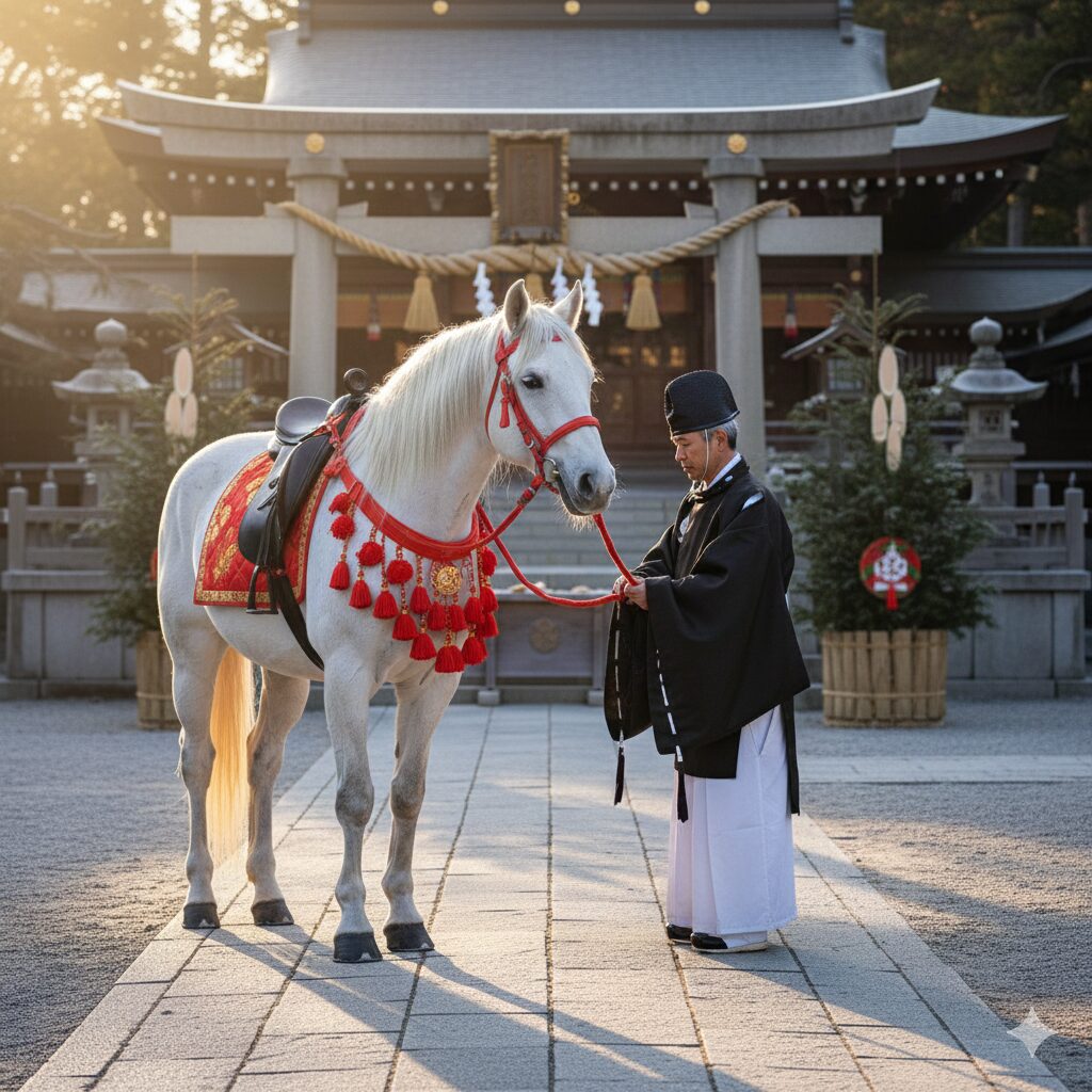 026年午年の初詣イメージ。神社の境内に佇む神聖な白馬（神馬）と神職、厄除けと飛躍の象徴