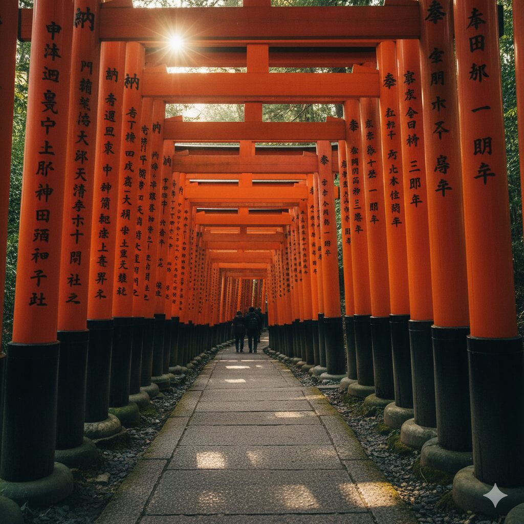 伏見稲荷大社の千本鳥居。朱色の鳥居が連なる幻想的な参道と差し込む冬の陽光