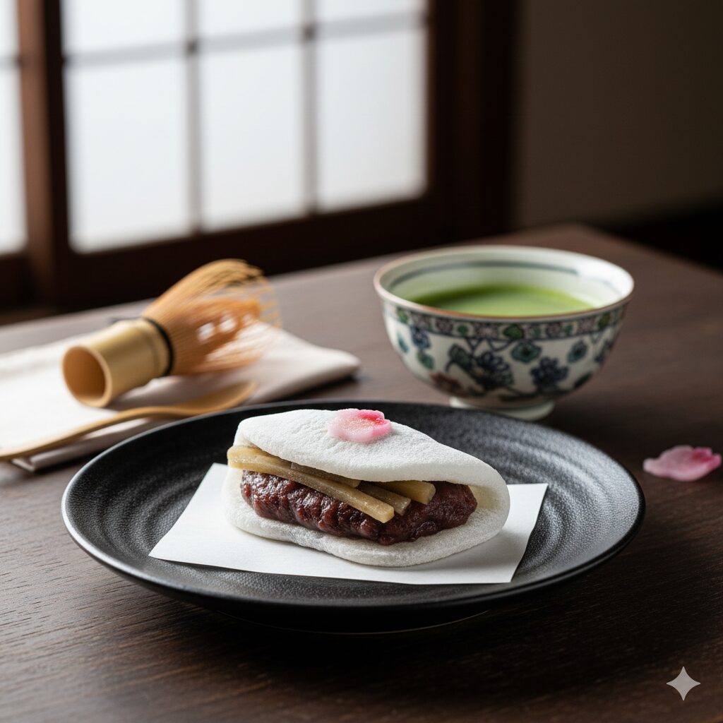 京都の新年を代表する和菓子「花びら餅」。ごぼうと白味噌餡を求肥で包んだ上品な姿と抹茶