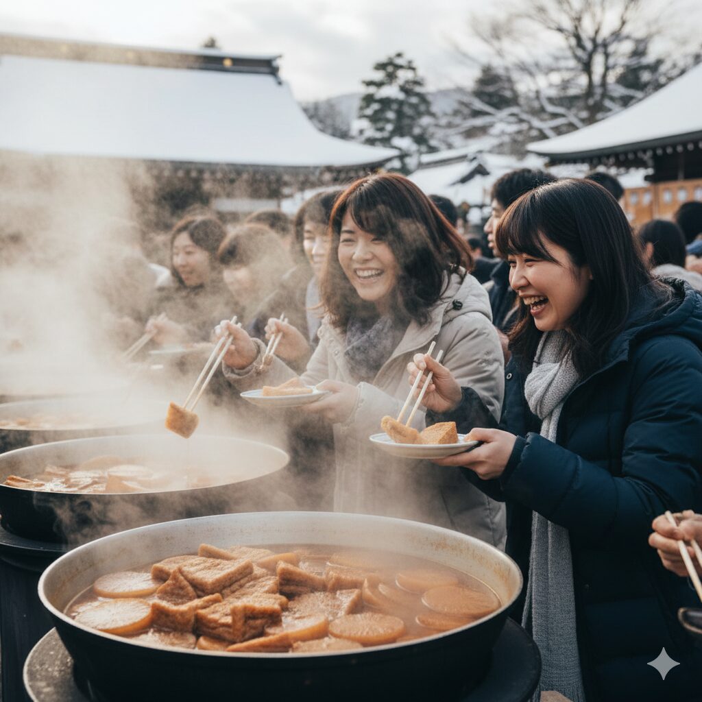 京都の寺院で行われる大根焚きで、熱々の大根と油揚げを楽しむ日本人女性たち。湯気が立ち上る大釜と参拝者の活気ある様子。