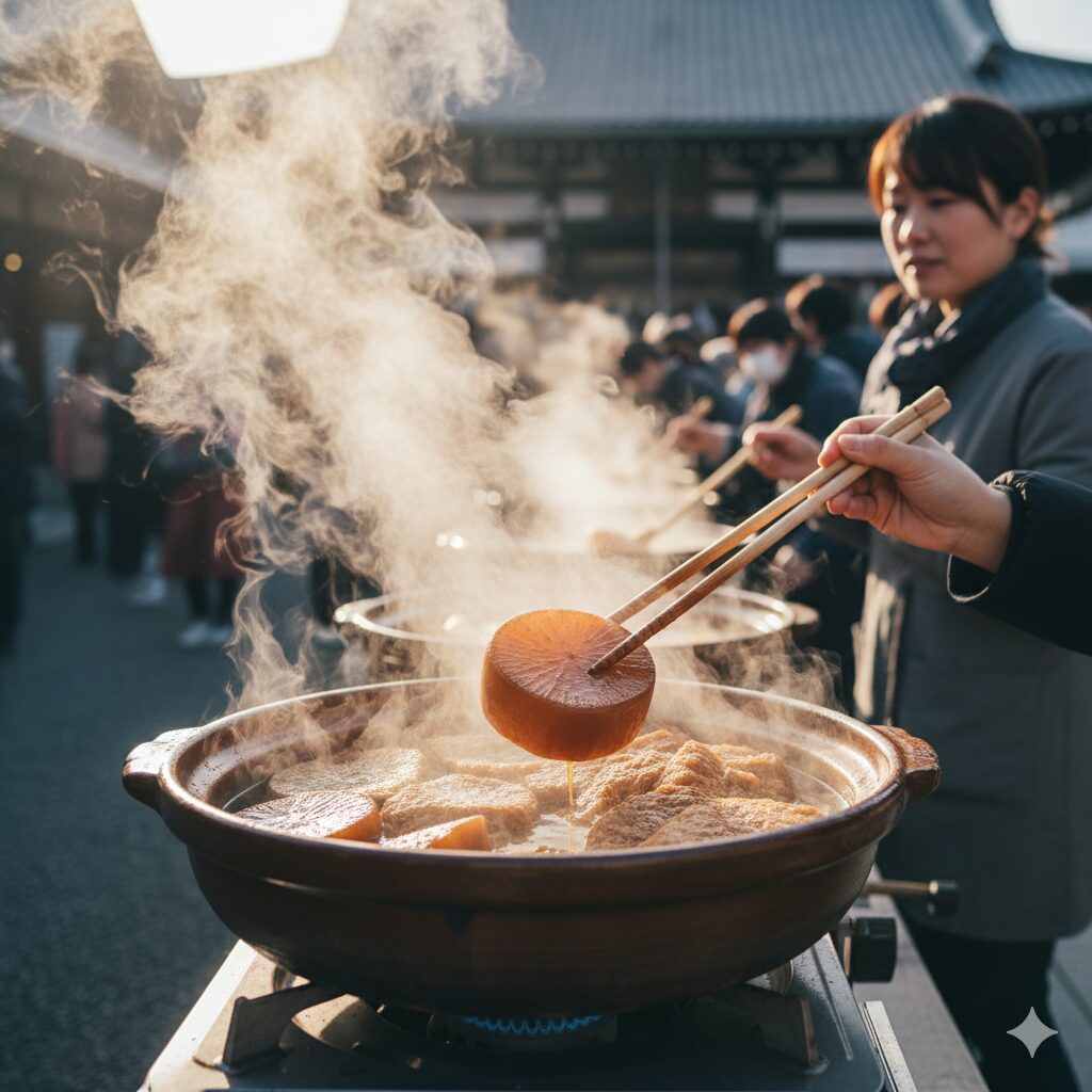 千本釈迦堂(大報恩寺)の境内で、冬の寒空の下、巨大な大釜で大量に煮込まれるあめ色の大根焚き。