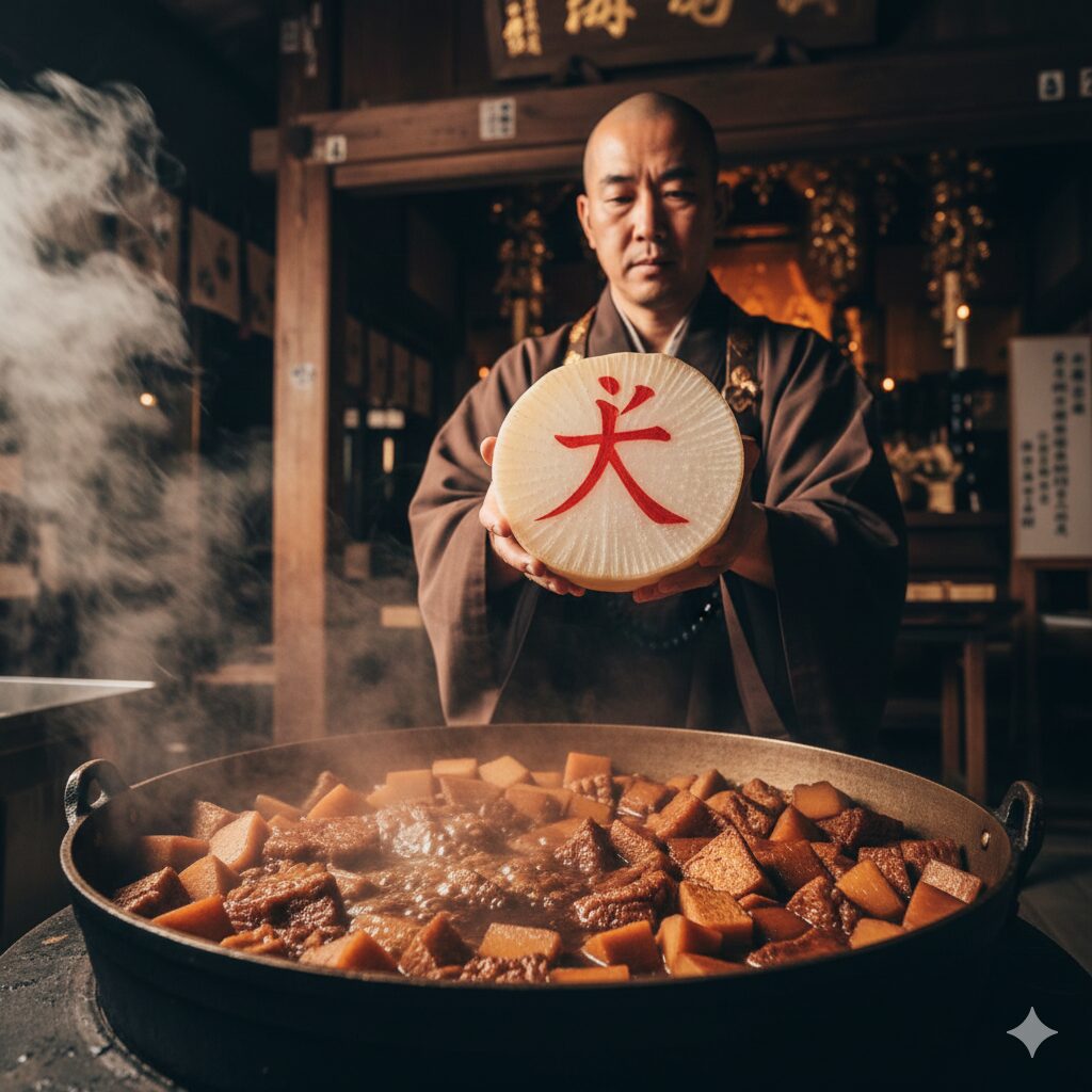 中風除けの祈祷を象徴する、梵字(バク)が朱書きされた大根を手に持つ日本人僧侶。大根焚きの信仰的由来。