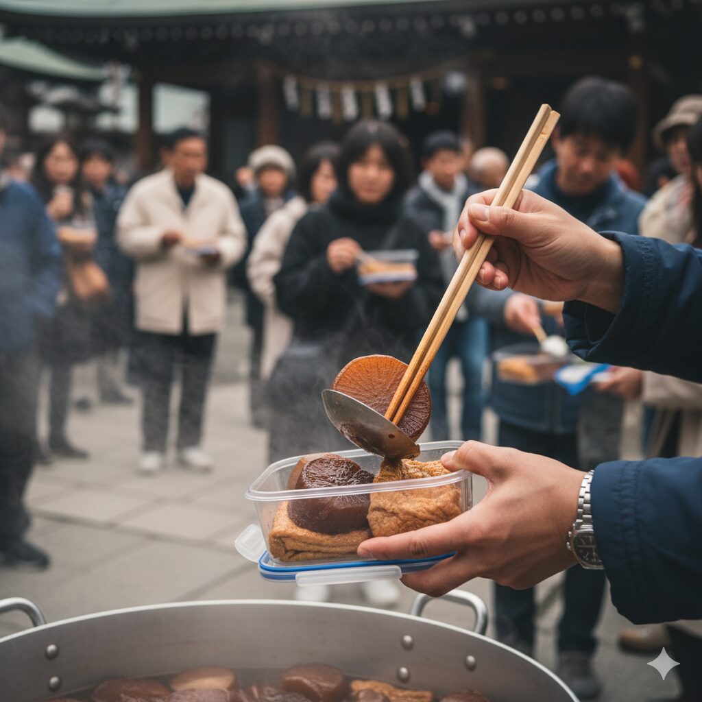 大根焚きの会場で、無病息災のご利益がある大根を自宅へ持ち帰るためにマイ容器(タッパー)に詰める地元の参加者。