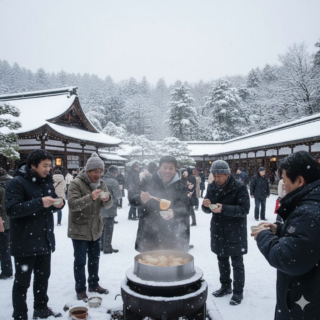 雪が積もる京都大原の三千院で、美しい冬景色を眺めながら初午大根焚きを楽しむ様子。