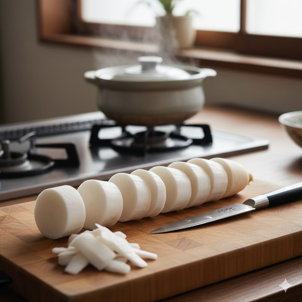 大根焚きを作るための調理工程。煮崩れを防ぎ味を染み込ませるために丁寧に面取りされた厚切り大根。