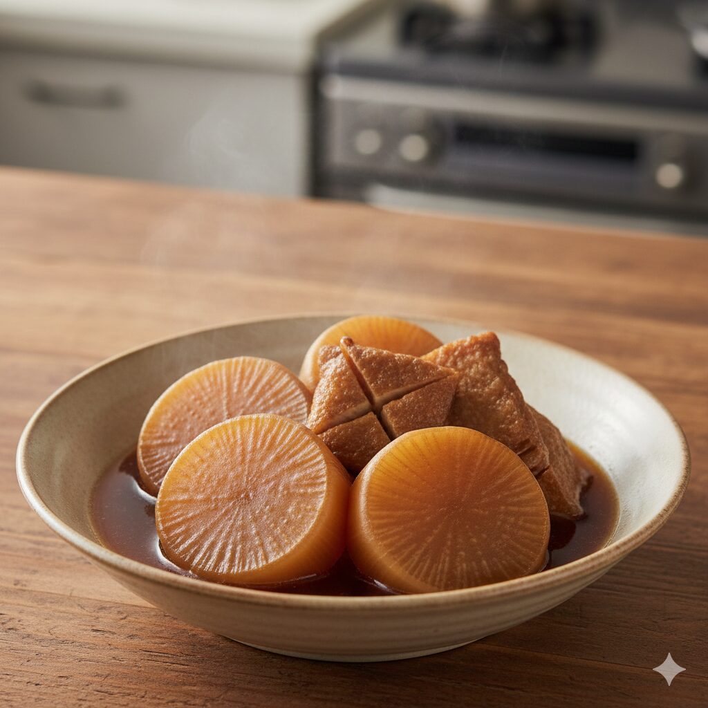 聖護院大根と京揚げ(厚手の油揚げ)を使い、出汁をたっぷりと吸い込んだ、プロ顔負けの本格的な大根焚き。