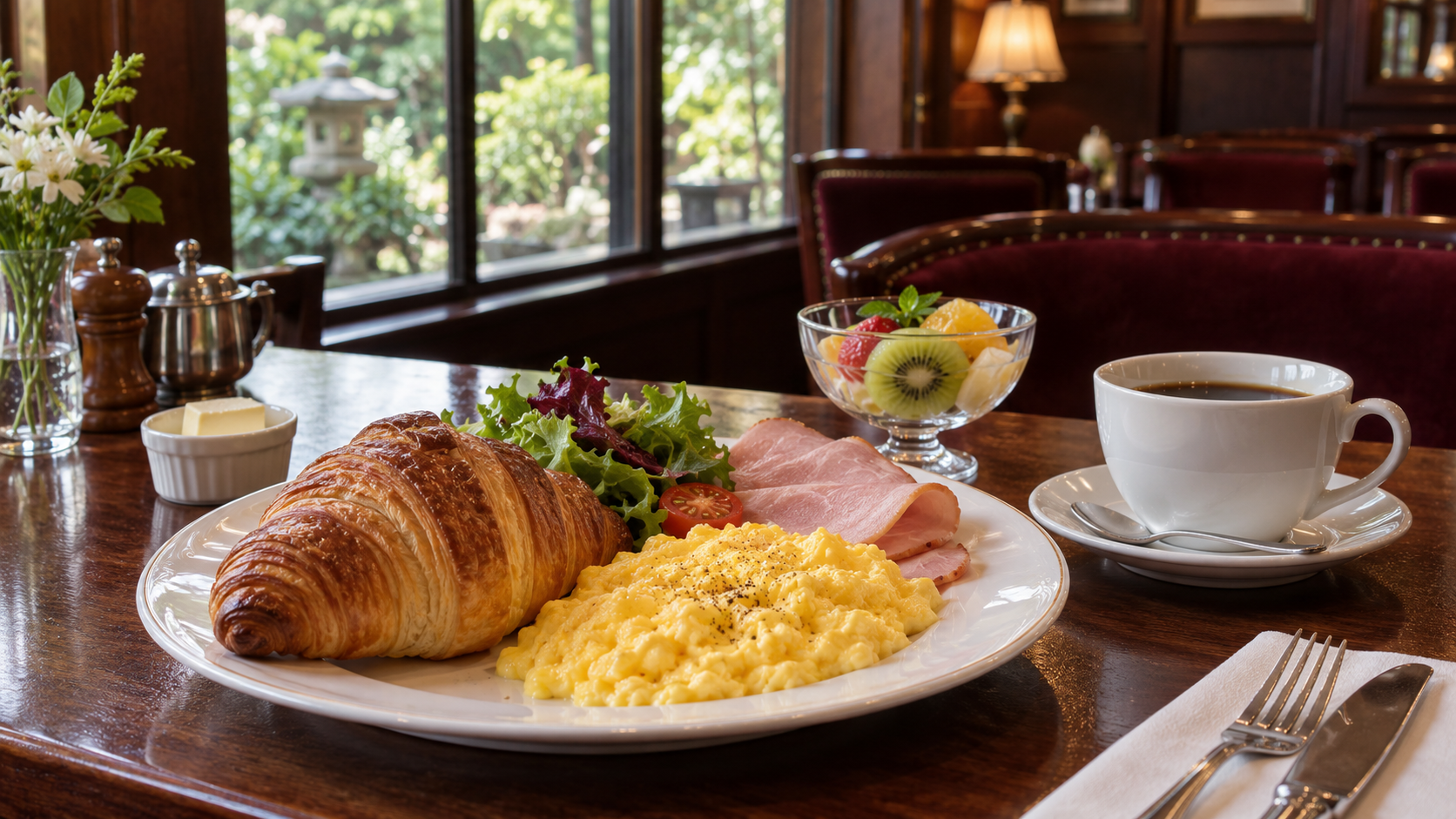 京都の老舗喫茶を思わせるクロワッサンとスクランブルエッグの朝食