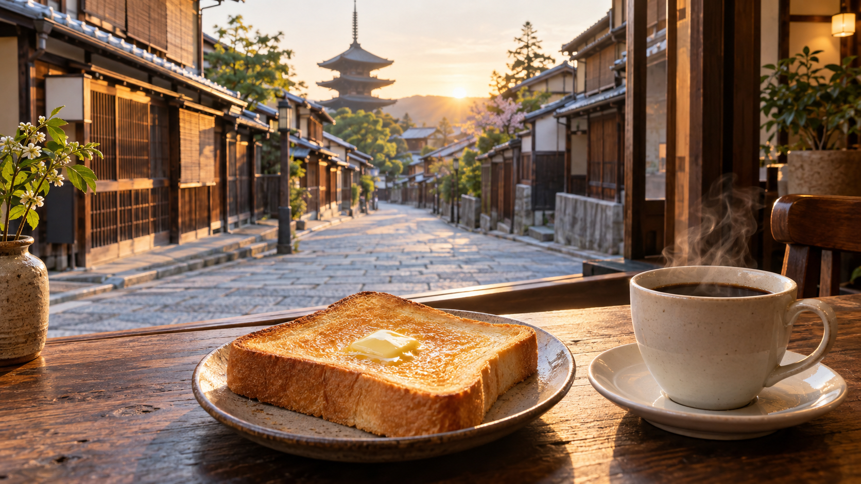朝の京都の町並みを眺めながら楽しむ厚切りトーストとコーヒー