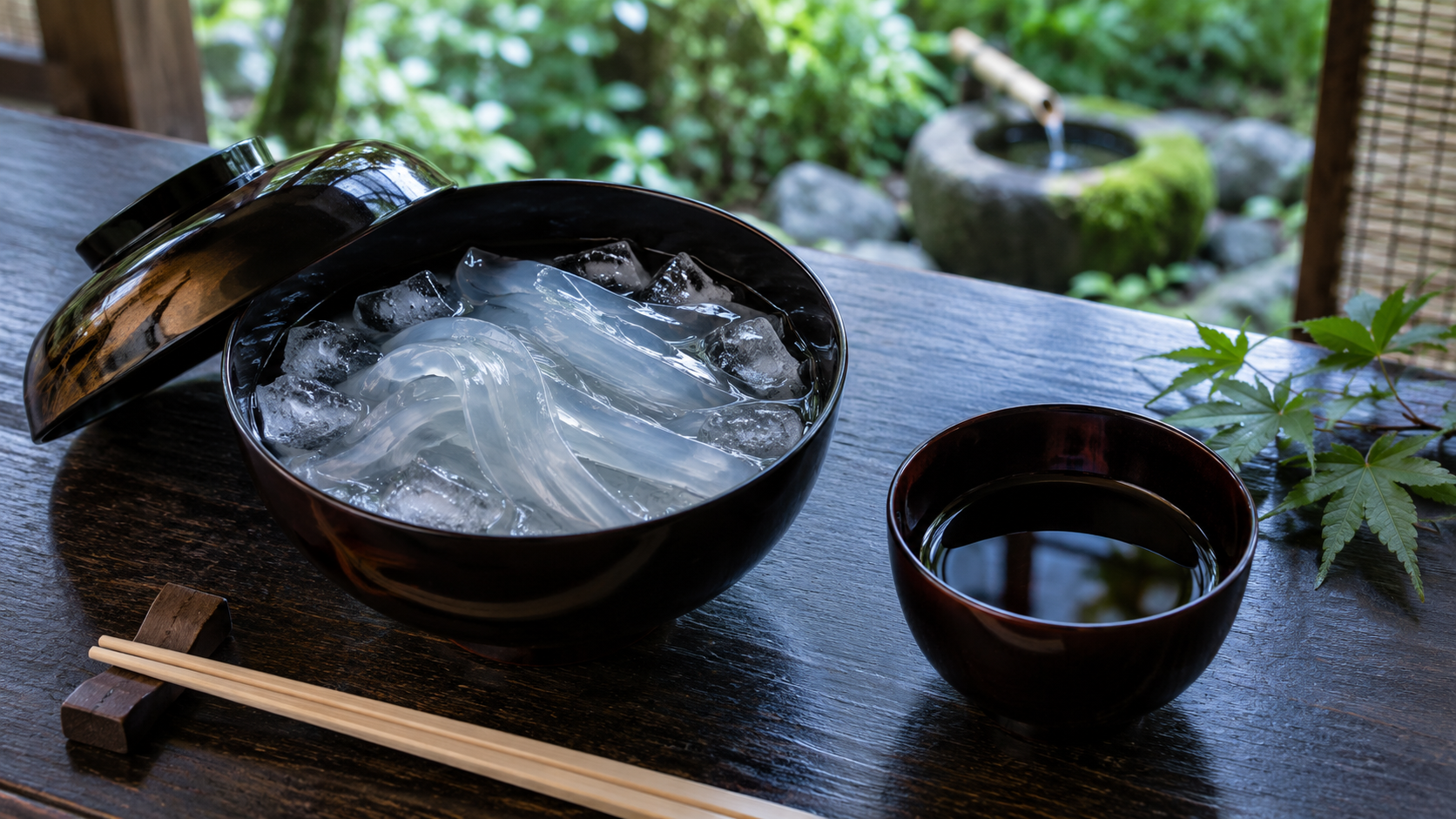 京都の茶房で氷水と黒蜜を添えて味わう透明なくずきり