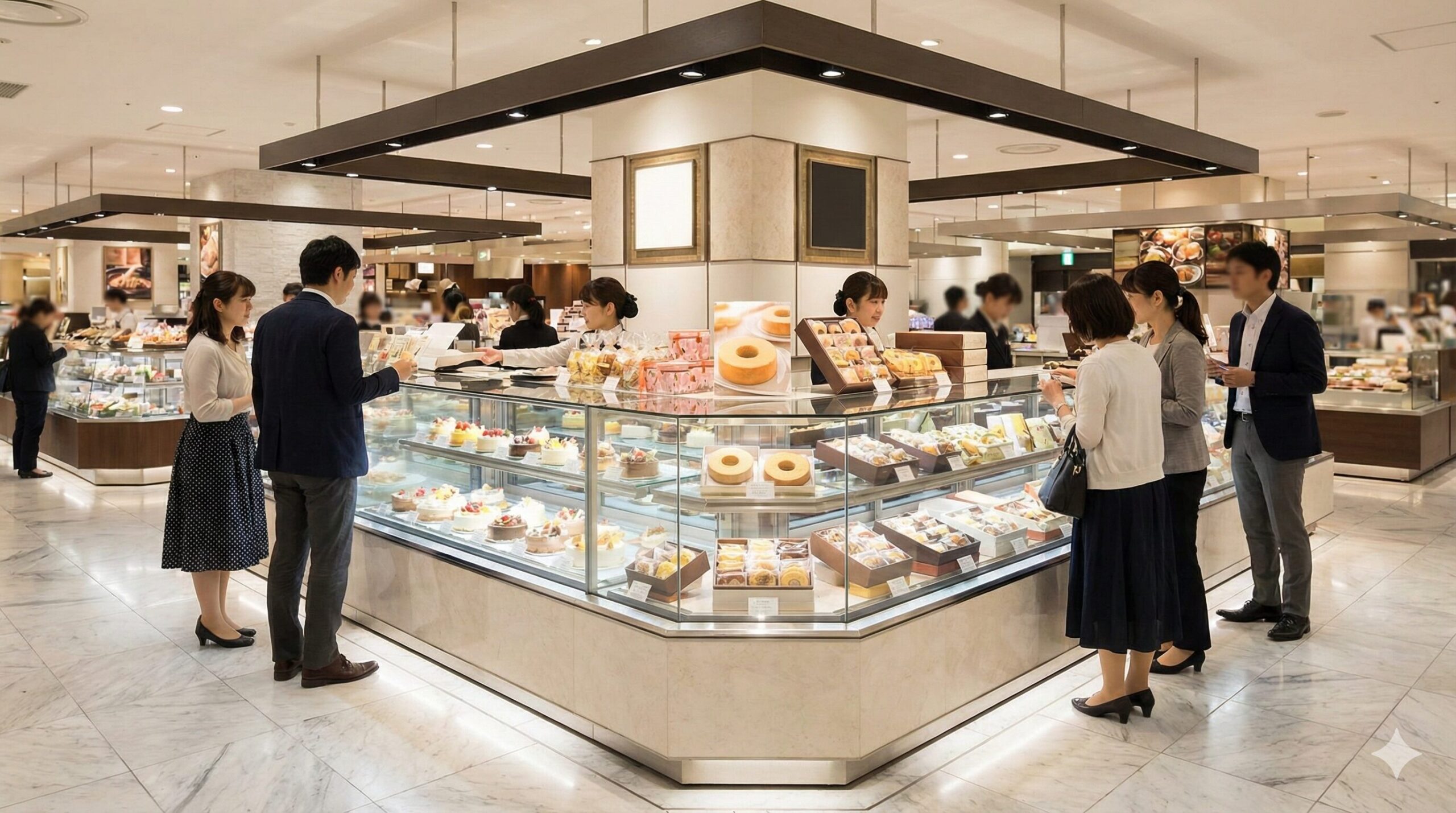 百貨店の地下食品売り場にある高級洋菓子店の店舗。ショーケースにはバウムクーヘンやケーキが並び、買い物客が訪れている。