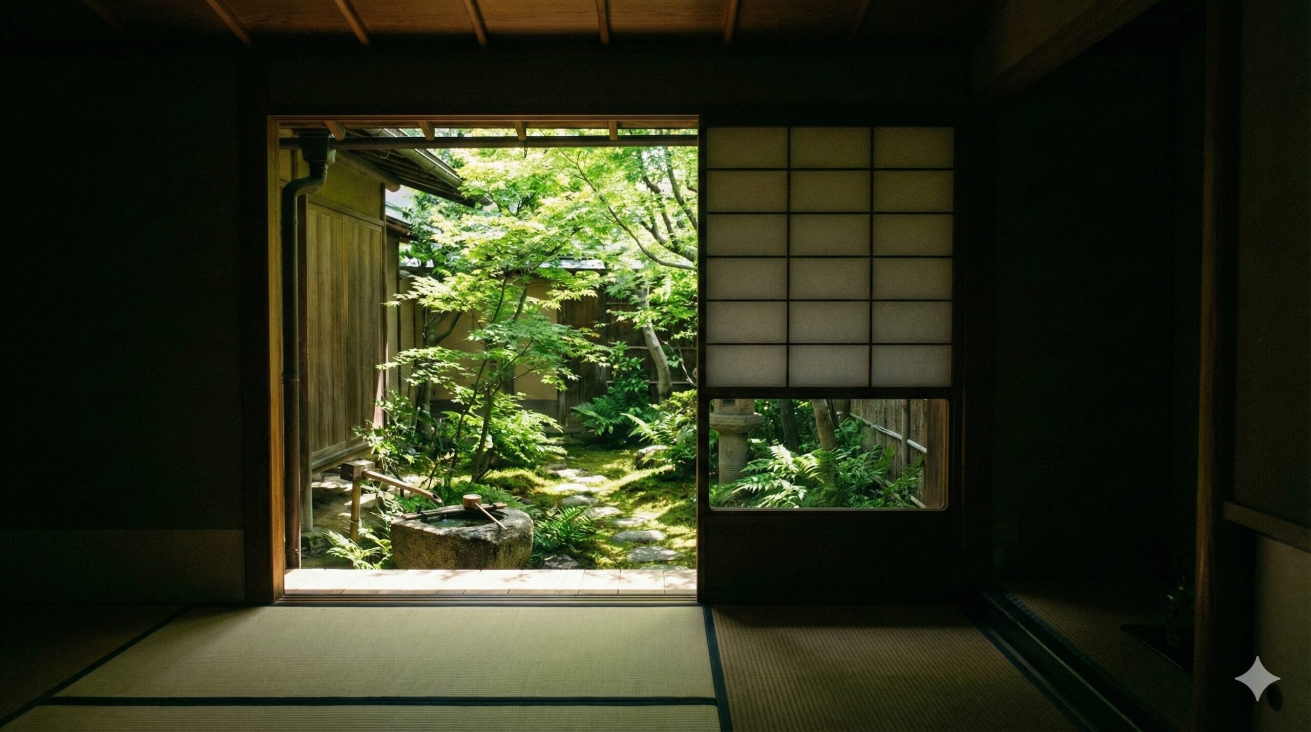 暗い町家の室内から障子越しに眺める、陽光に照らされた鮮やかな緑の坪庭。苔むした手水鉢や石灯籠があり、光と影のコントラストが美しい。