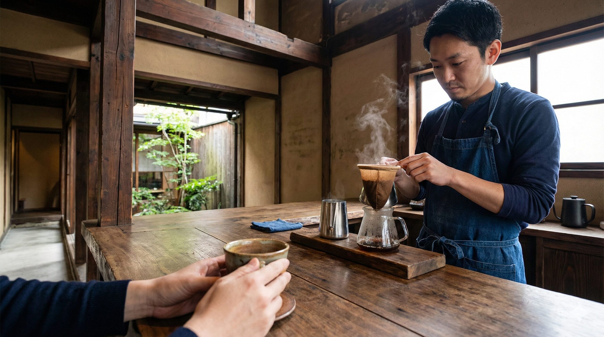 東山の「市川屋珈琲」の店内で、日本のバリスタがネルドリップでコーヒーを淹れている。客が清水焼のカップを手に持ち、その温もりを感じている様子