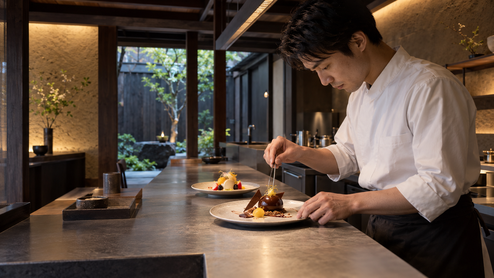 京町家のパティスリーでデセールを仕上げる日本人パティシエ